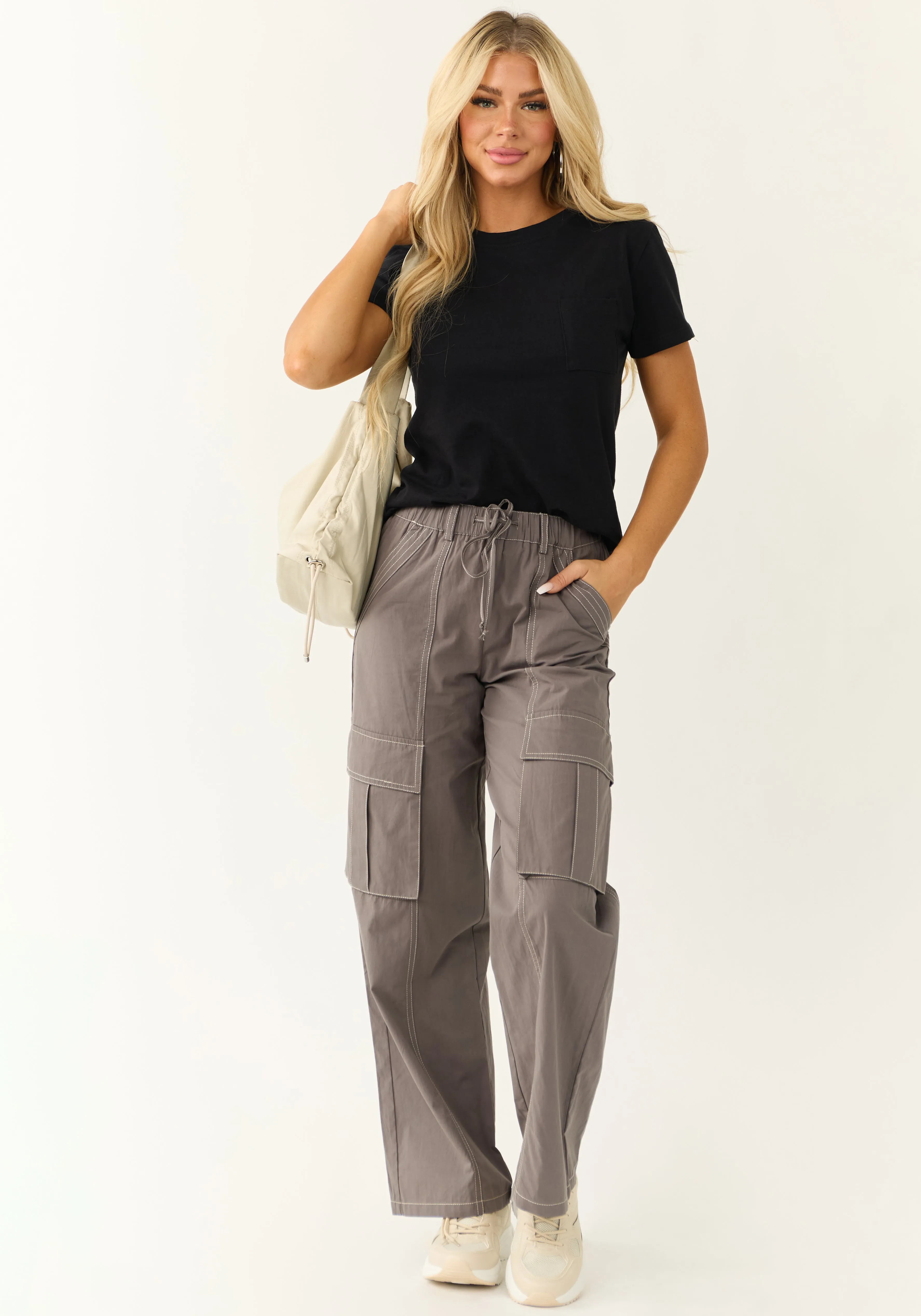 Graphite Exposed Seam Wide Leg Cargo Pants