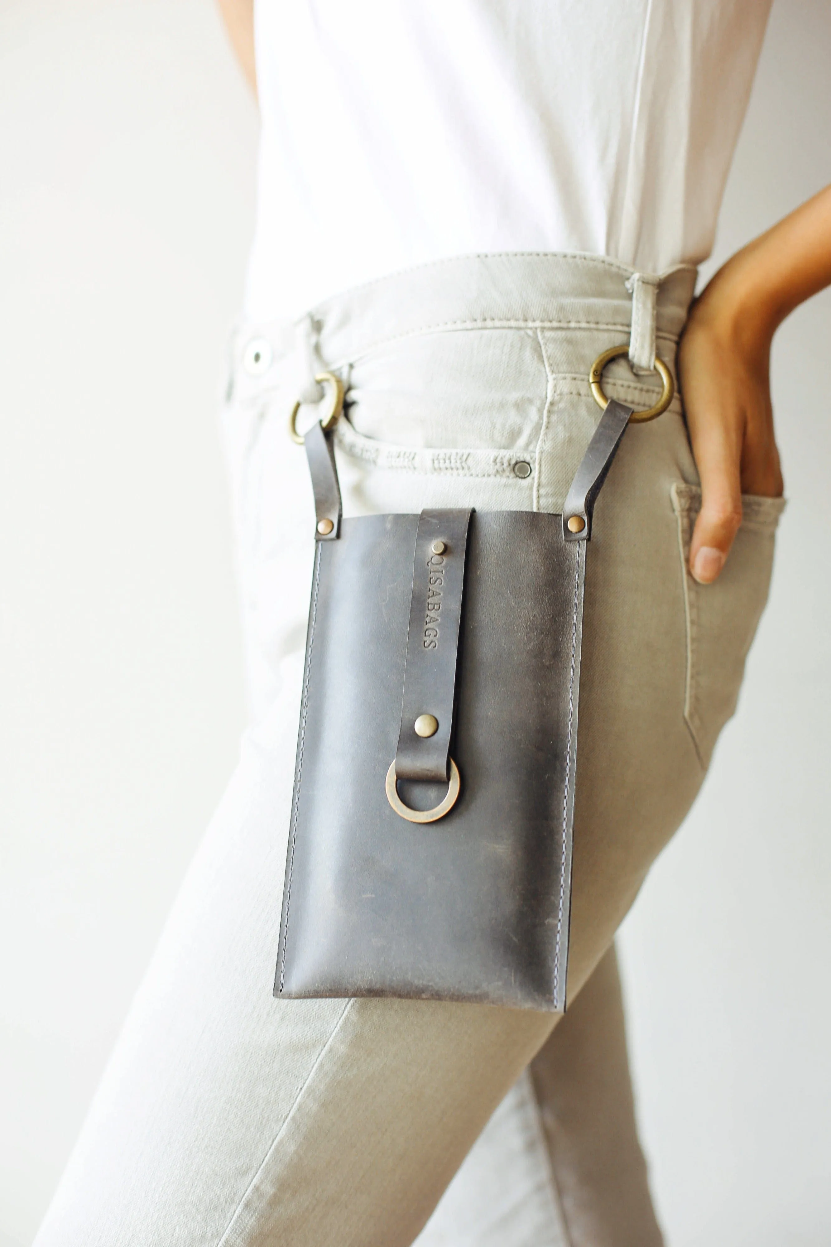 Gray Leather Phone Bag