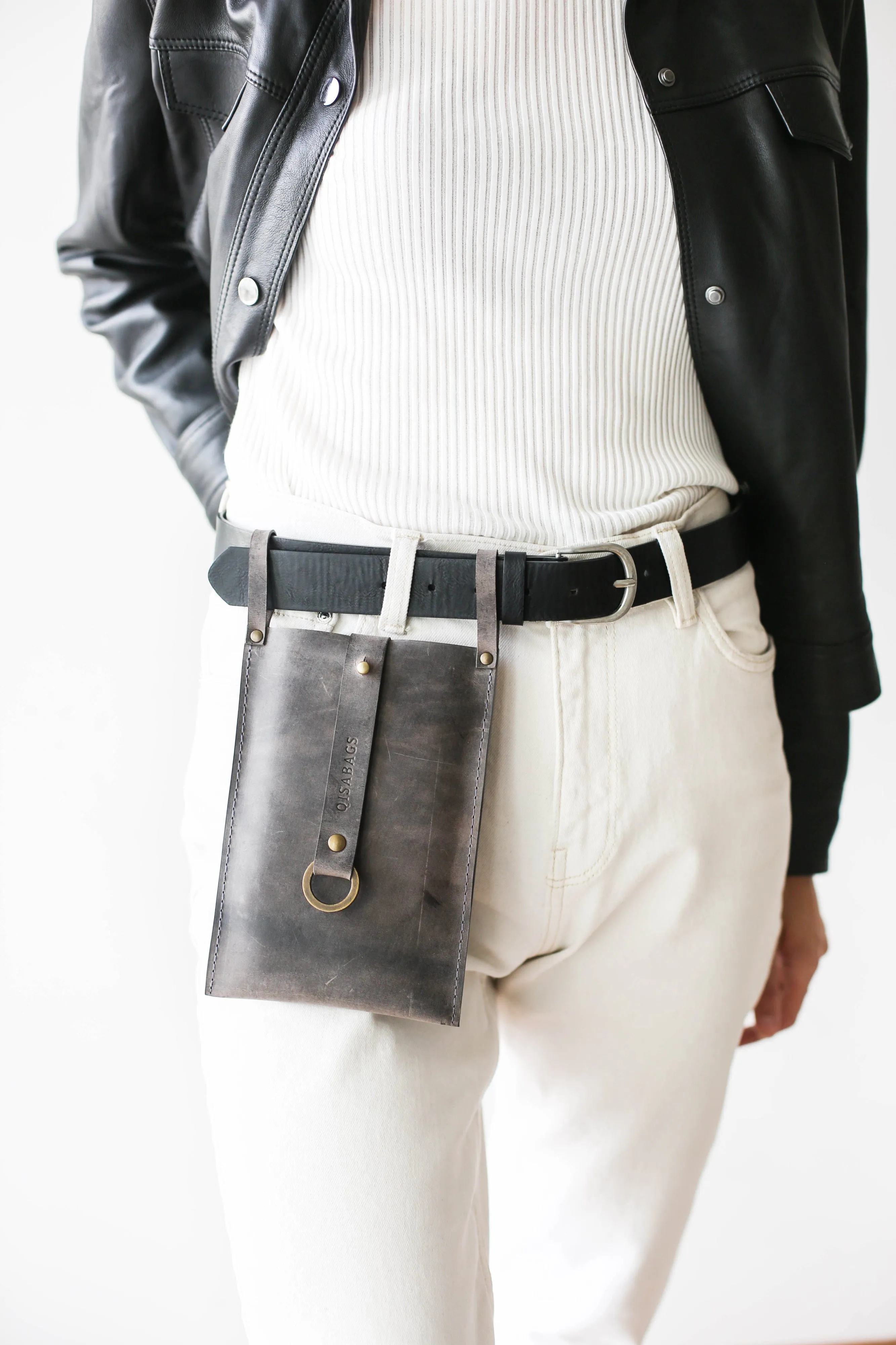 Gray Leather Phone Bag