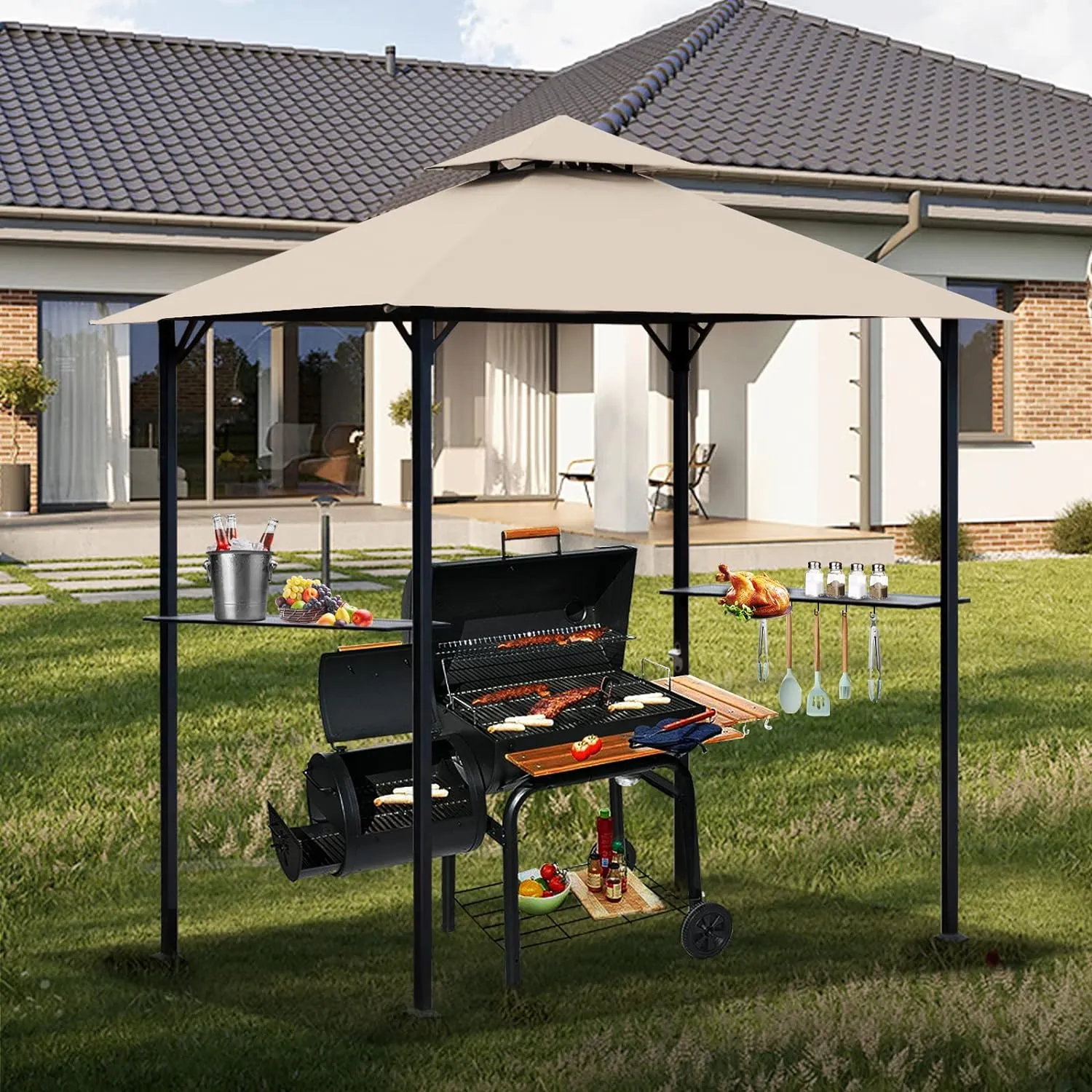 Grill Gazebo Replacement Canopy Roof, 5' x 8' Outdoor BBQ Gazebo Canopy Top Cover, Double Tired Grill Shelter Cover with Durable Polyester Fabric