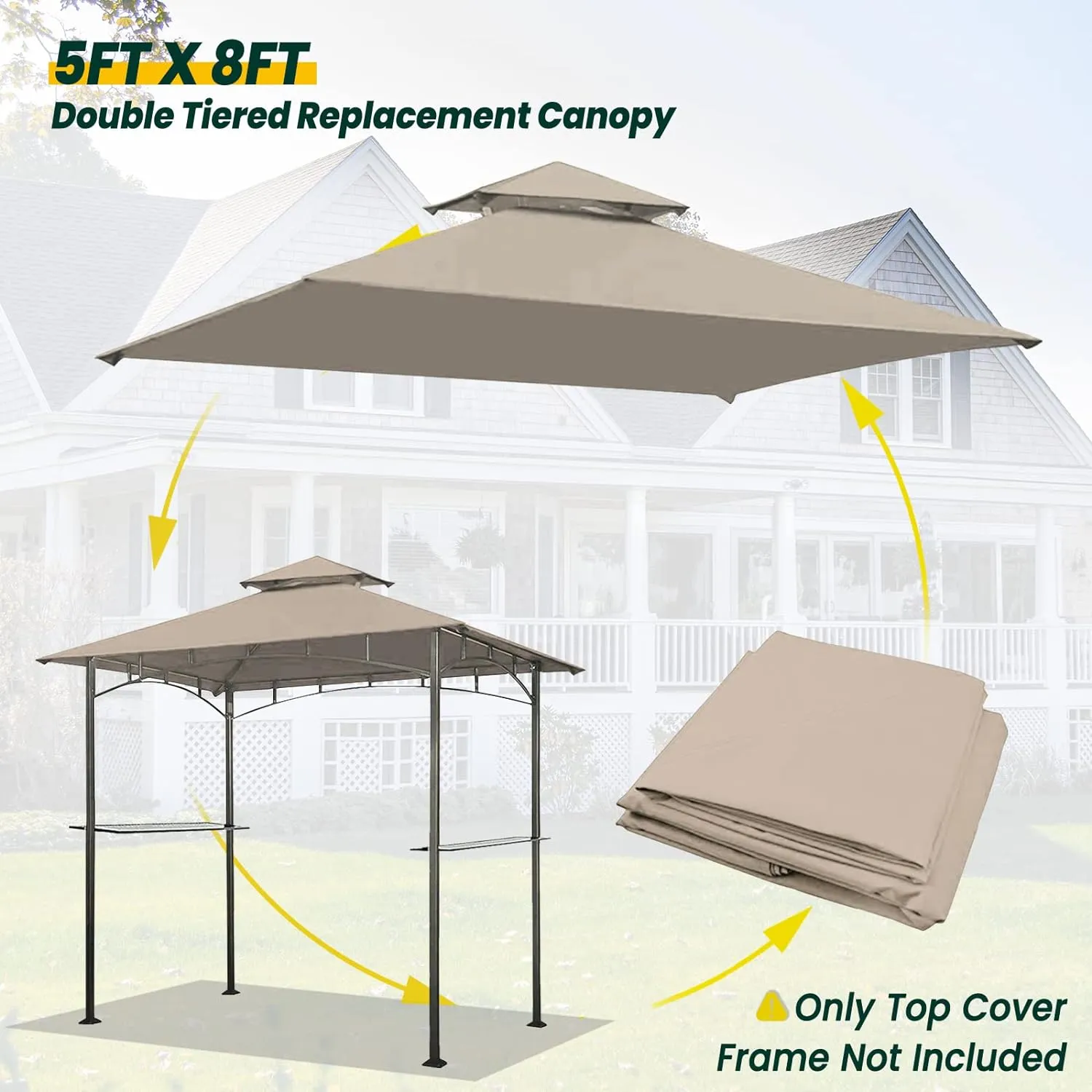 Grill Gazebo Replacement Canopy Roof, 5' x 8' Outdoor BBQ Gazebo Canopy Top Cover, Double Tired Grill Shelter Cover with Durable Polyester Fabric