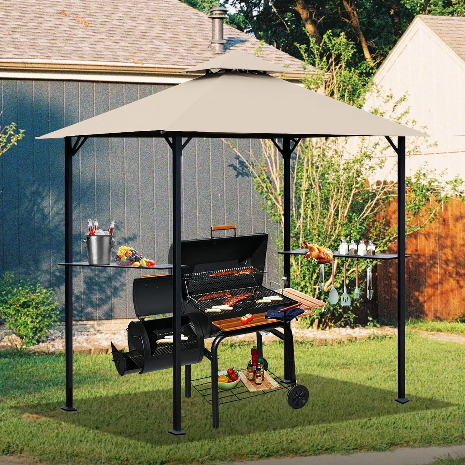 Grill Gazebo Replacement Canopy Roof, 5' x 8' Outdoor BBQ Gazebo Canopy Top Cover, Double Tired Grill Shelter Cover with Durable Polyester Fabric