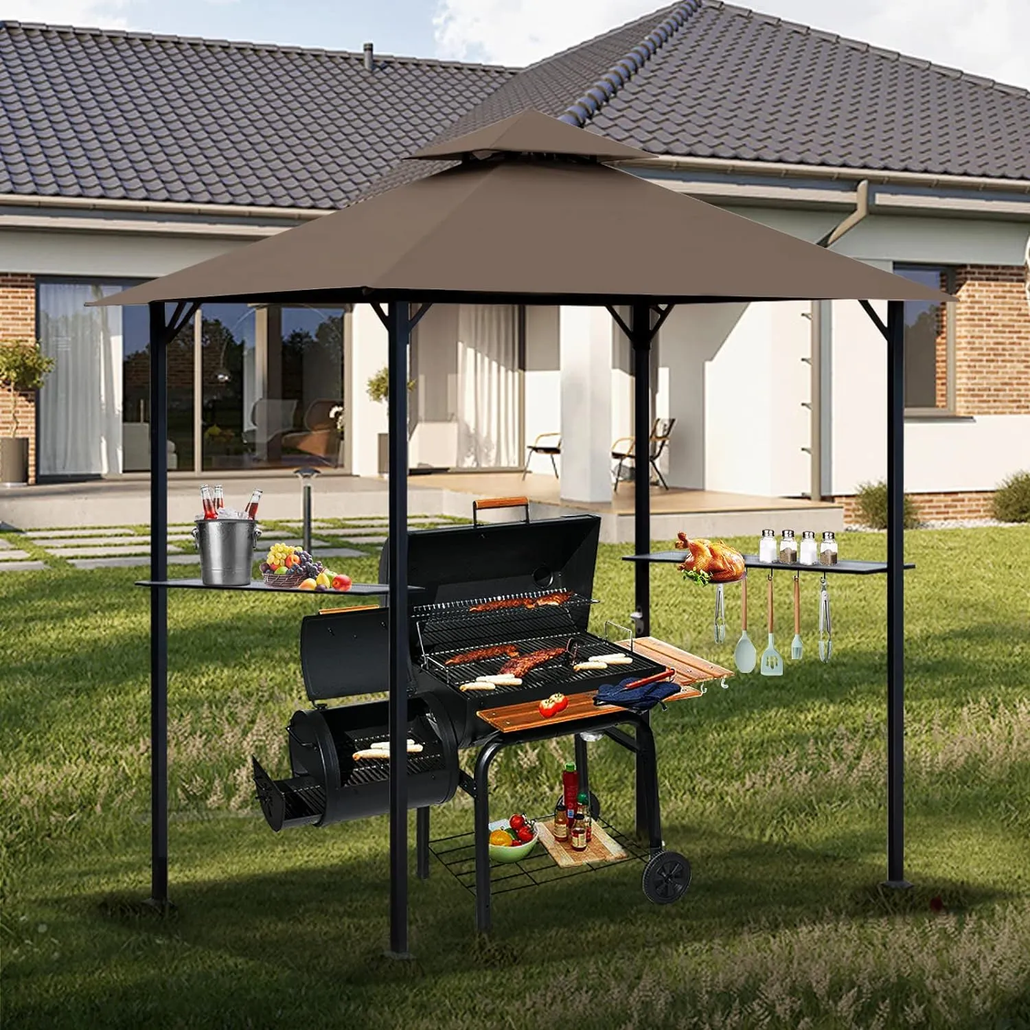 Grill Gazebo Replacement Canopy Roof, 5' x 8' Outdoor BBQ Gazebo Canopy Top Cover, Double Tired Grill Shelter Cover with Durable Polyester Fabric