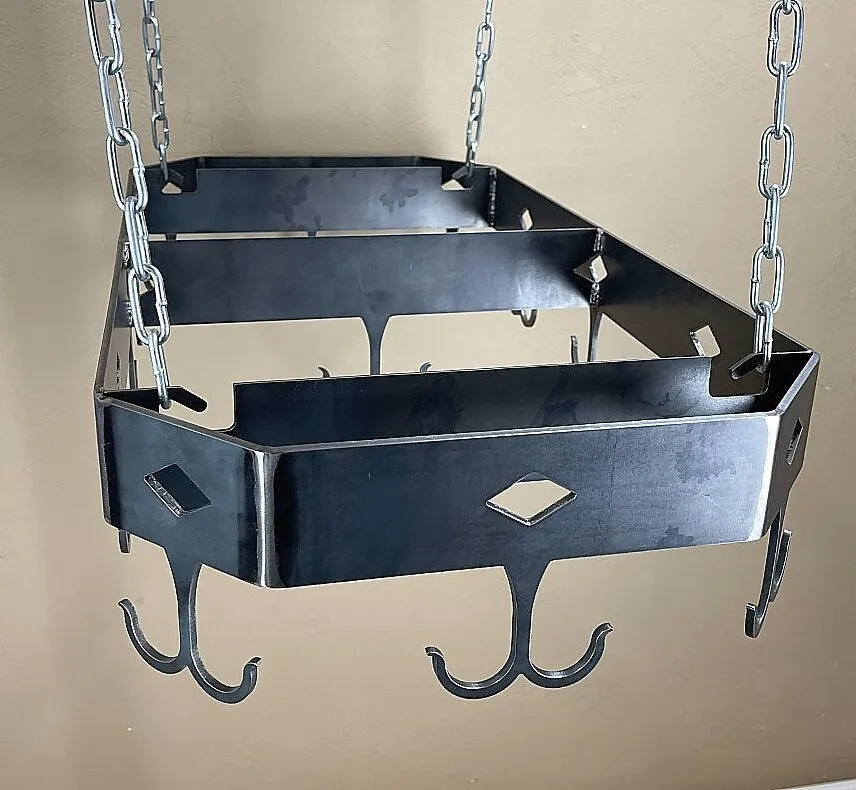 Hanging Pot Rack-Ceiling Mount Kitchen Storage-Heavy Steel Pan & Utensil Holder-Double Hooks