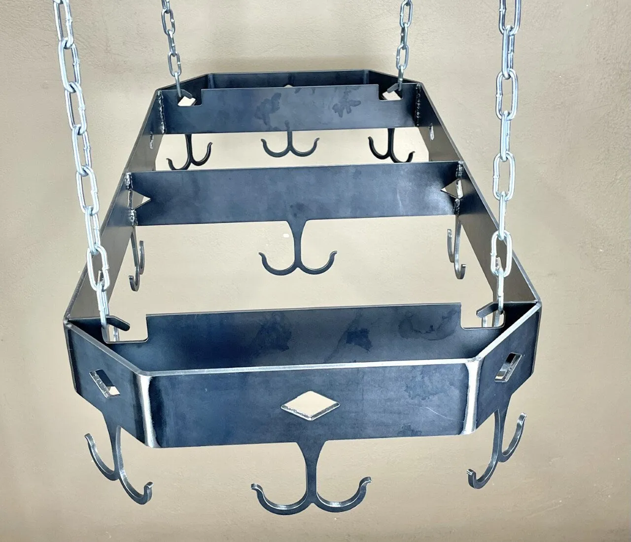 Hanging Pot Rack-Ceiling Mount Kitchen Storage-Heavy Steel Pan & Utensil Holder-Double Hooks