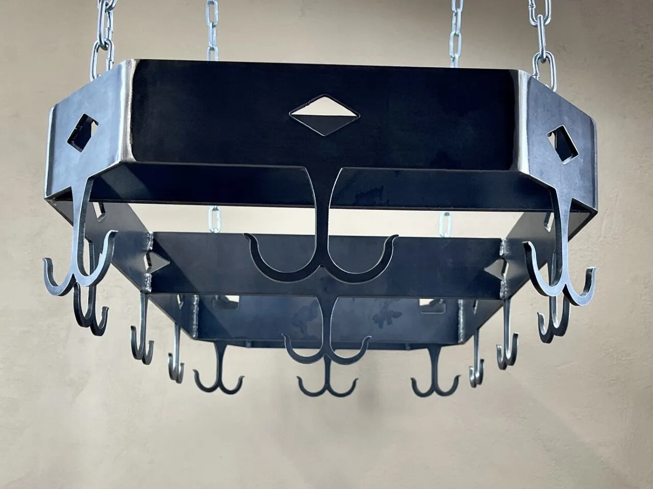 Hanging Pot Rack-Ceiling Mount Kitchen Storage-Heavy Steel Pan & Utensil Holder-Double Hooks