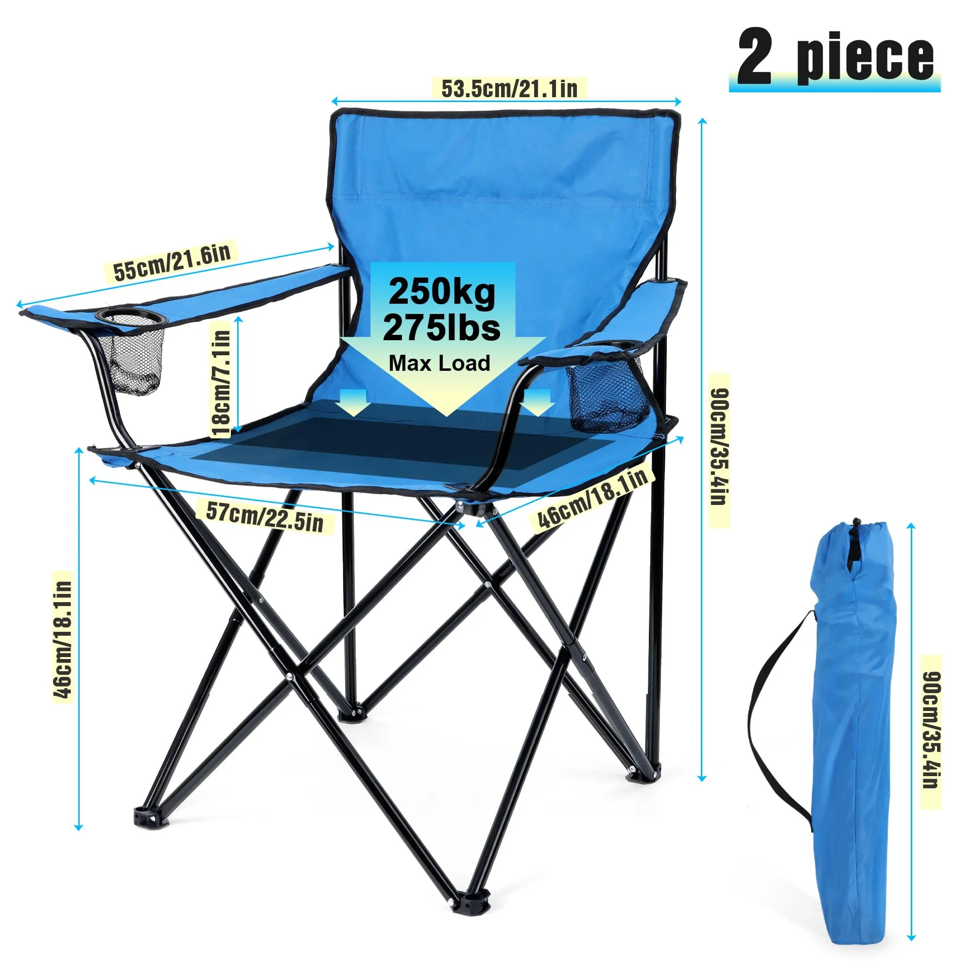 HaSteeL Foldable Camping Chair Set of 2, Folding Camp Chairs & Carrying Bags for Adults, Portable for Lawn, Outdoors, Fishing, Hiking, Travel, Picnic, Beach, Oversized & Supports 275lbs (Blue)