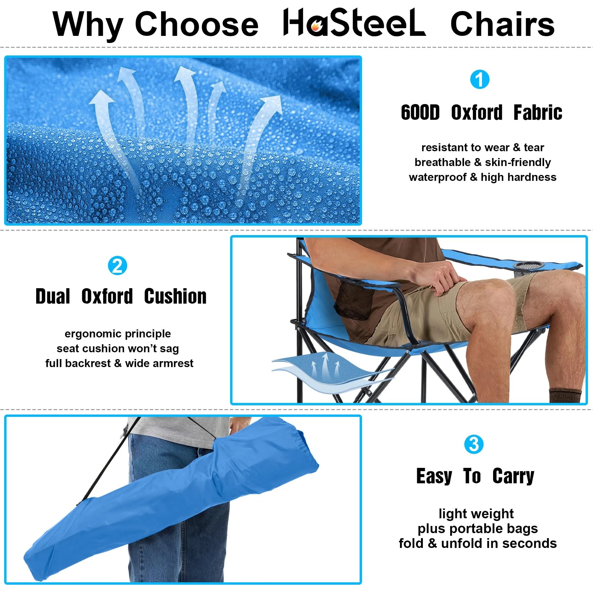 HaSteeL Foldable Camping Chair Set of 2, Folding Camp Chairs & Carrying Bags for Adults, Portable for Lawn, Outdoors, Fishing, Hiking, Travel, Picnic, Beach, Oversized & Supports 275lbs (Blue)