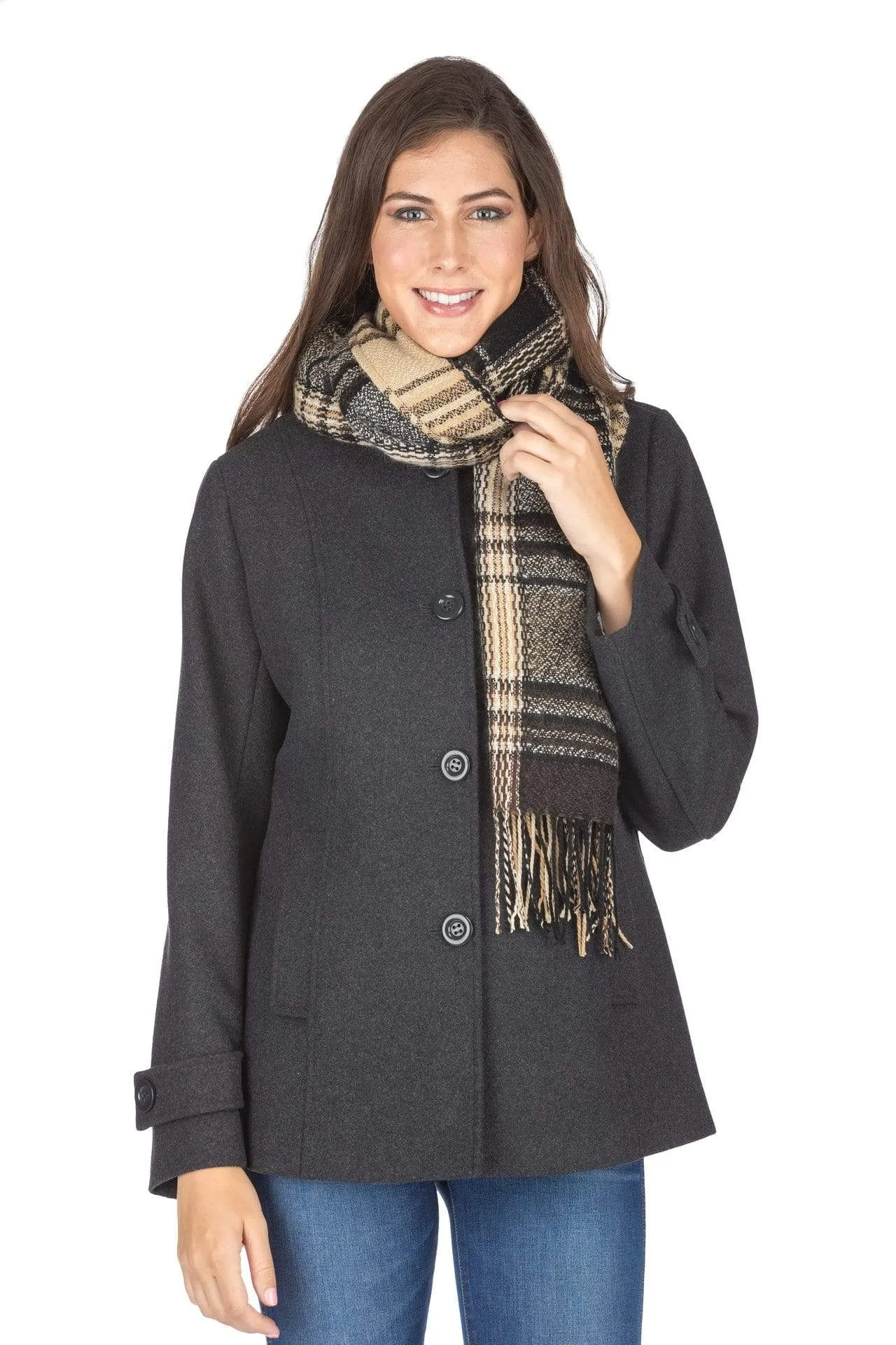 Haute Edition Women's Short Length Wool Blend Car Coat with Free Scarf