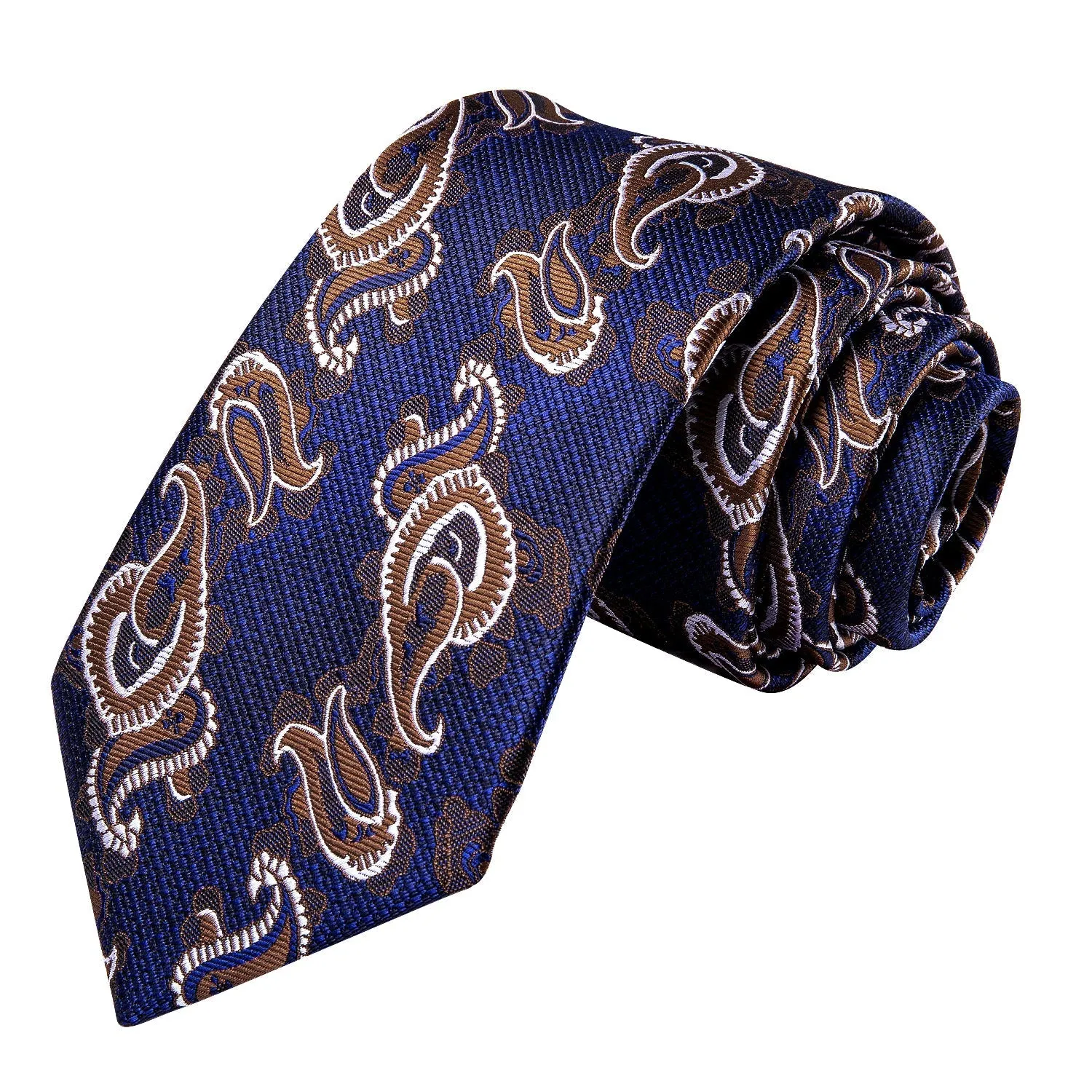 Hi-Tie Blue Brown Paisley Tie Hanky Cufflinks Set with Wedding Brooch