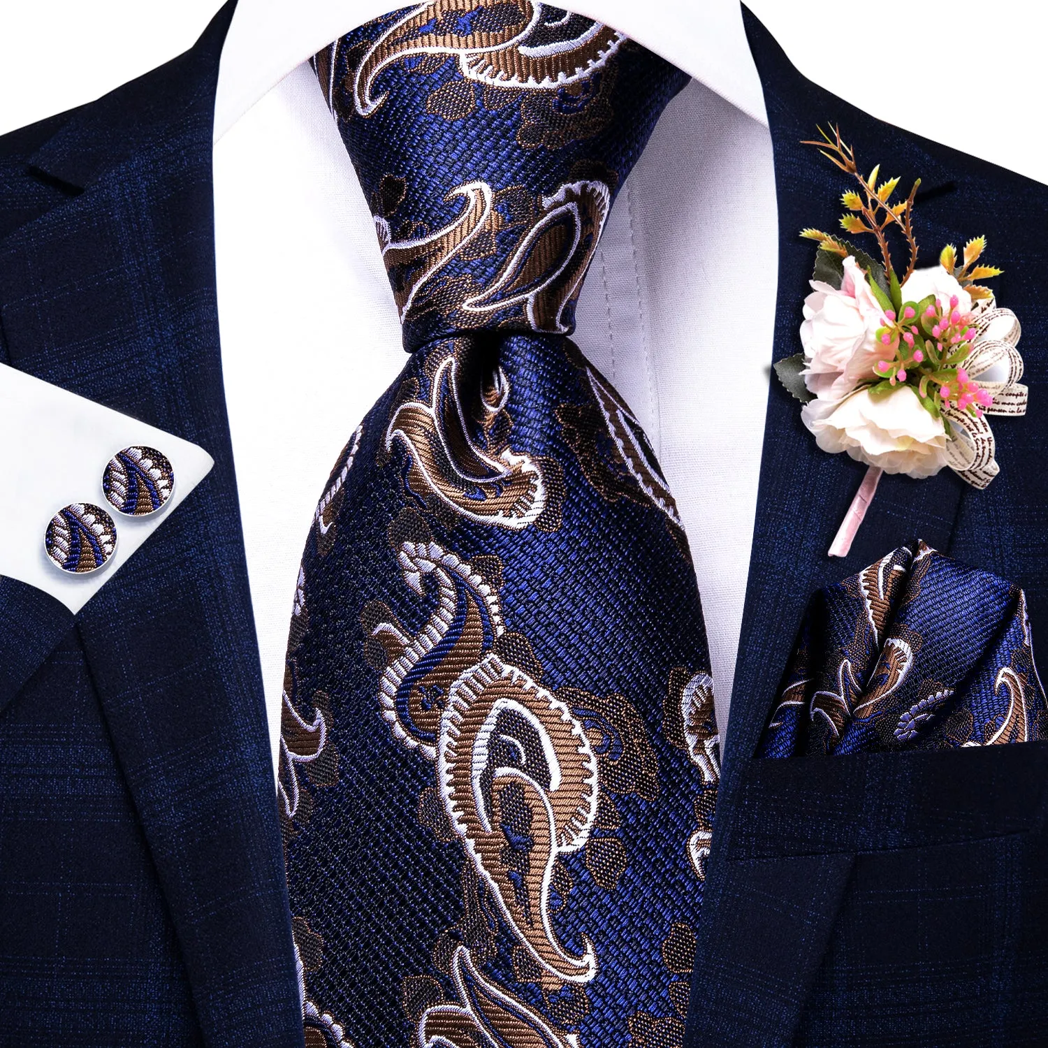 Hi-Tie Blue Brown Paisley Tie Hanky Cufflinks Set with Wedding Brooch