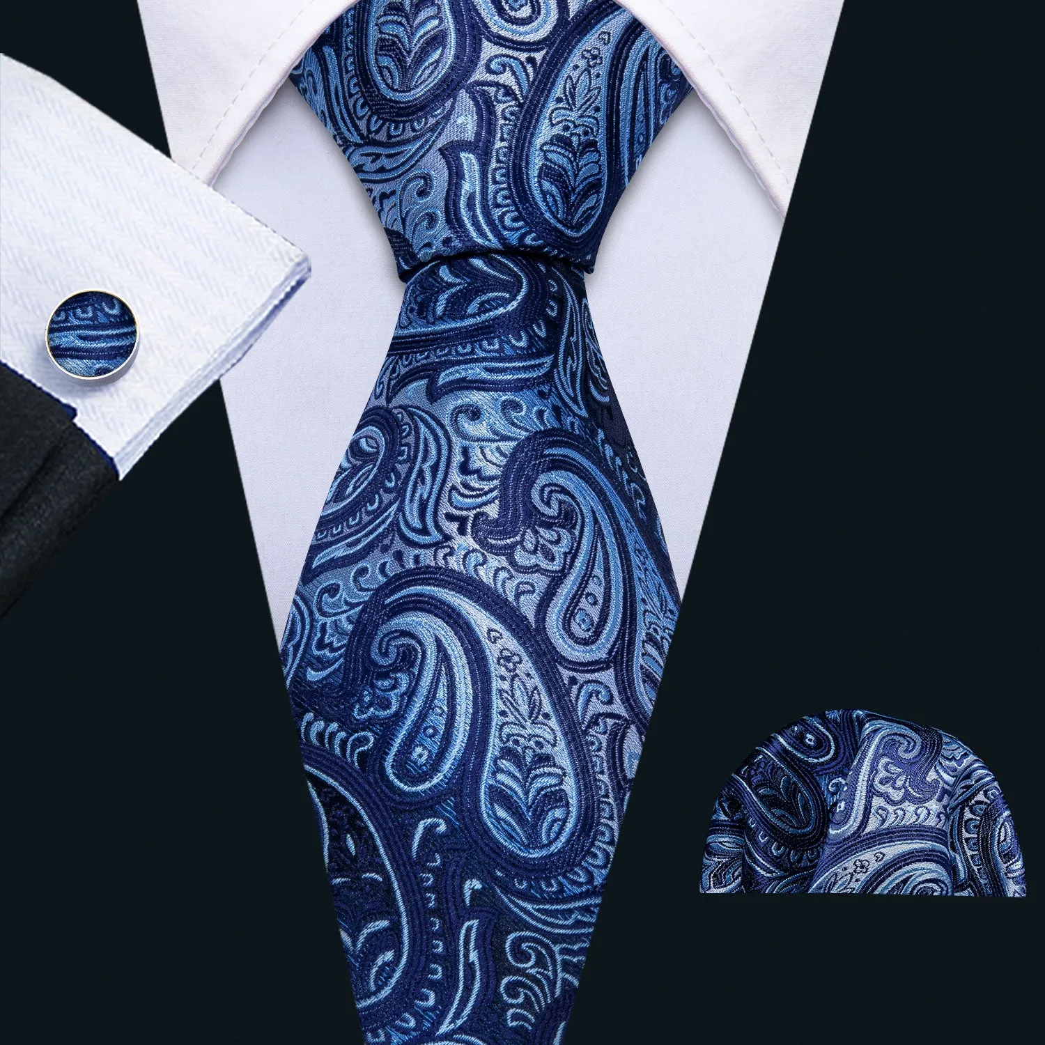 Hi-Tie Blue Necktie Gradient Paisley Ties Handkerchief Cufflinks Set