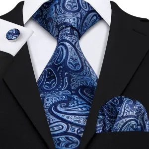 Hi-Tie Blue Necktie Gradient Paisley Ties Handkerchief Cufflinks Set