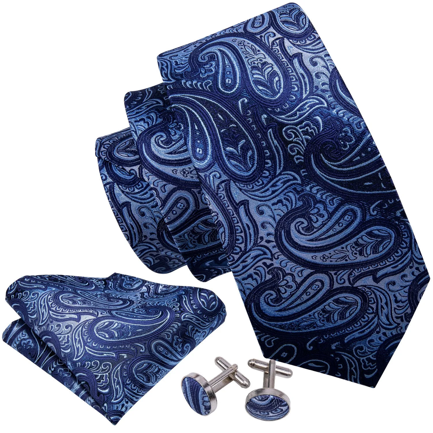 Hi-Tie Blue Necktie Gradient Paisley Ties Handkerchief Cufflinks Set