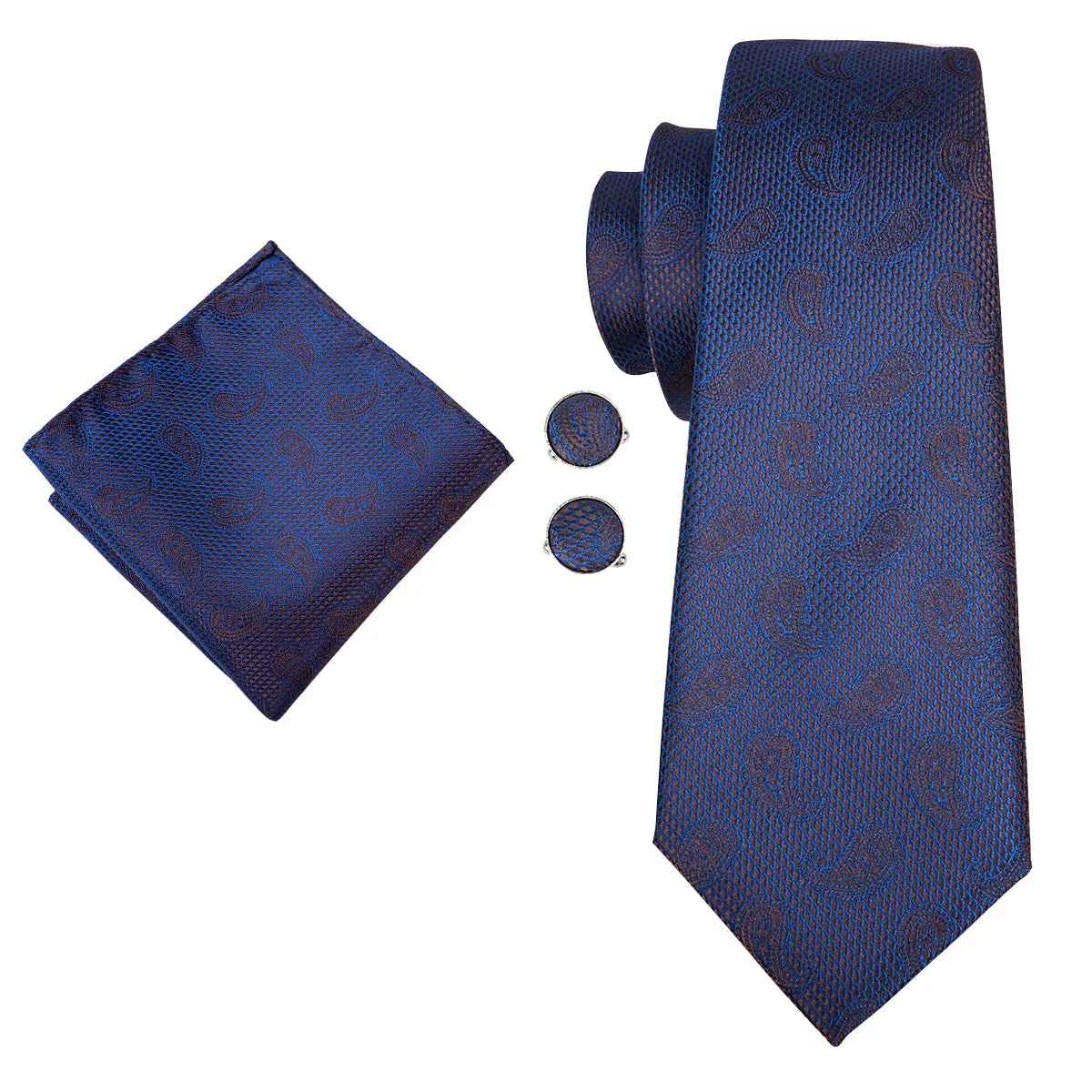 Hi-Tie Blue Necktie Navy Blue Paisley Tie Pocket Square Cufflinks Set