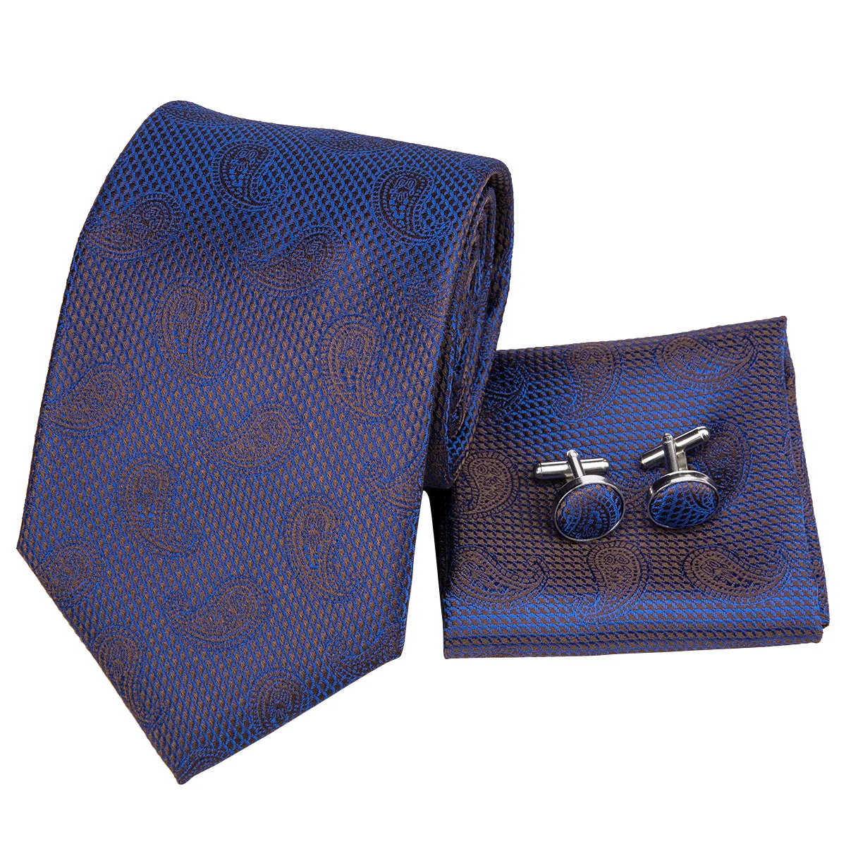 Hi-Tie Blue Necktie Navy Blue Paisley Tie Pocket Square Cufflinks Set