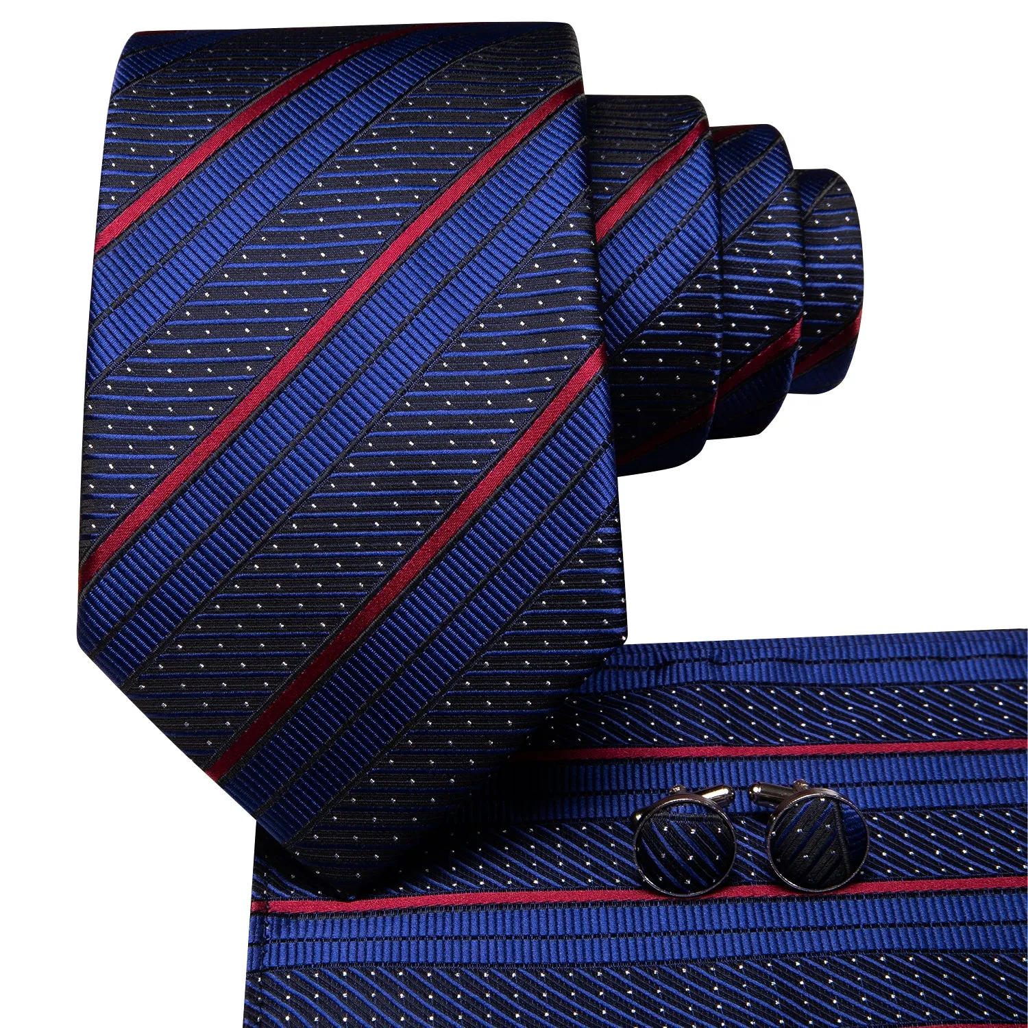 Hi-Tie Blue Red Striped White Dot Necktie Pocket Square Cufflinks Set