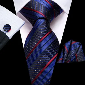 Hi-Tie Blue Red Striped White Dot Necktie Pocket Square Cufflinks Set