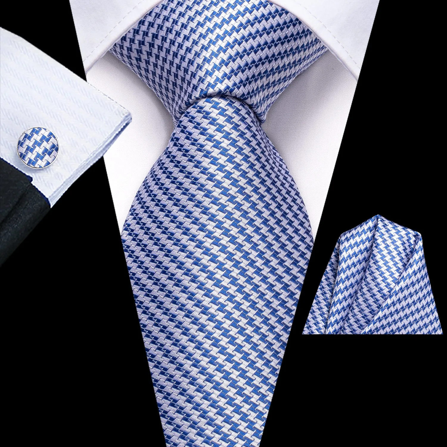 Hi-Tie Blue White Sawtooth Wedding Necktie Pocket Square Cufflinks Set