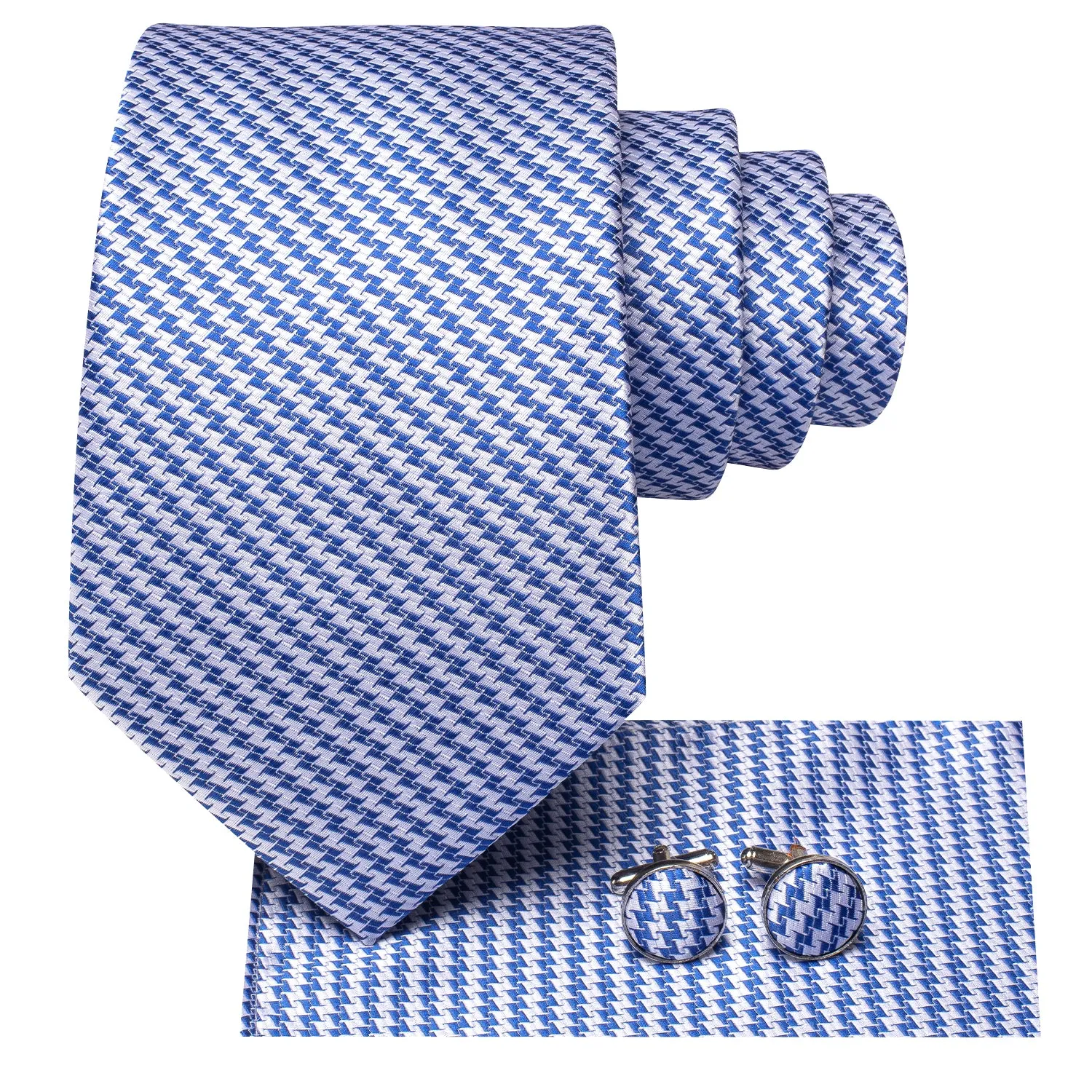 Hi-Tie Blue White Sawtooth Wedding Necktie Pocket Square Cufflinks Set