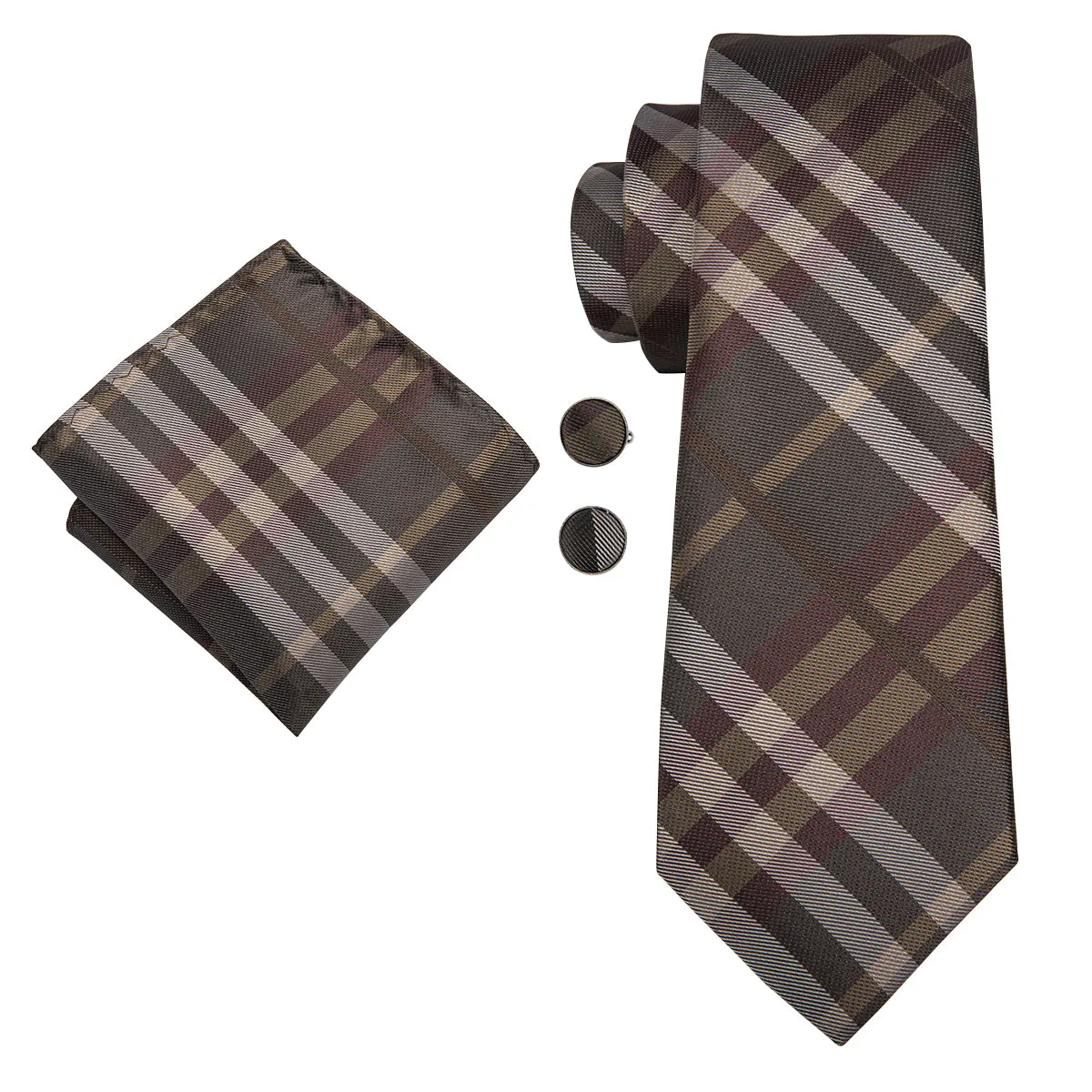 Hi-Tie Classic Brown Plaid Men's Necktie Pocket Square Cufflinks Set