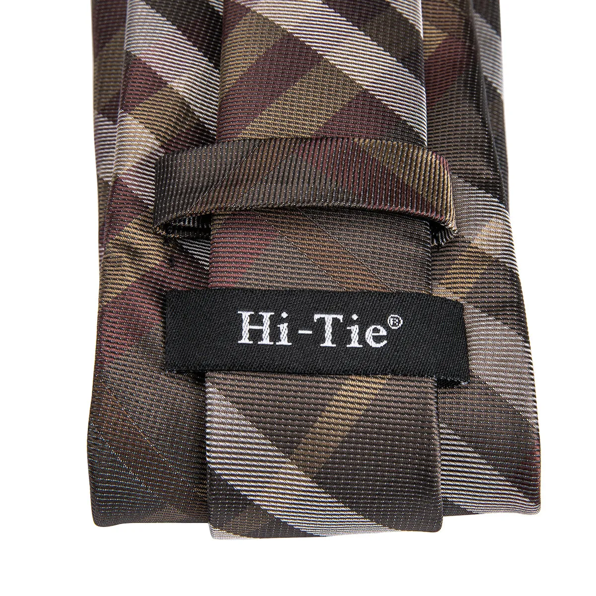 Hi-Tie Classic Brown Plaid Men's Necktie Pocket Square Cufflinks Set