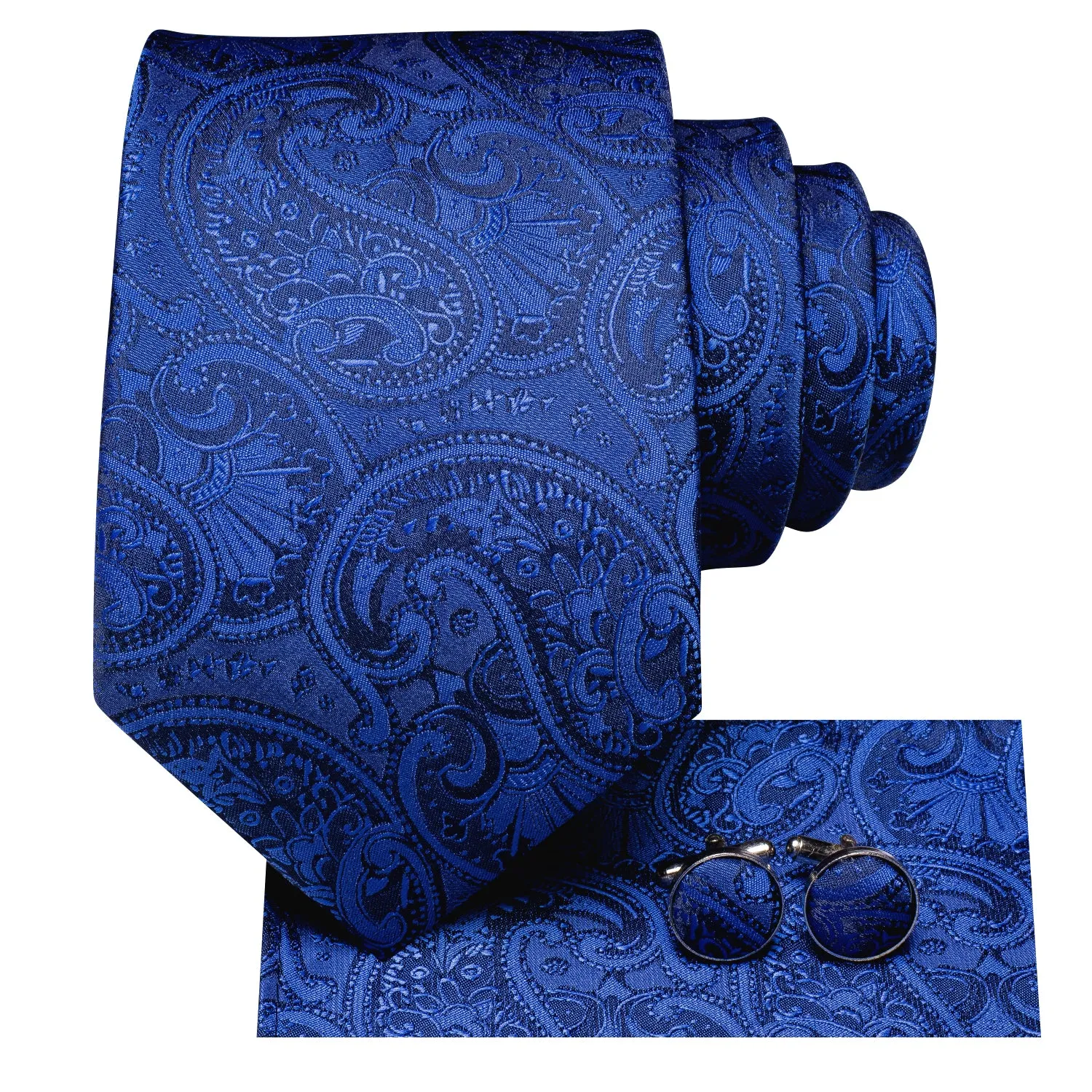 Hi-Tie Deep Blue Tie Paisley 67 Inches XL Necktie Hanky Cufflinks Set