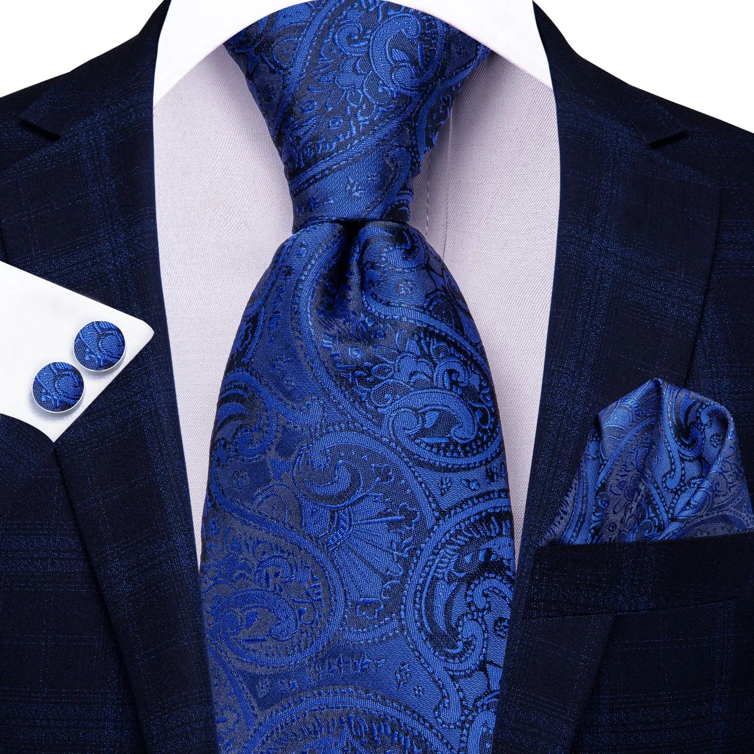 Hi-Tie Deep Blue Tie Paisley 67 Inches XL Necktie Hanky Cufflinks Set