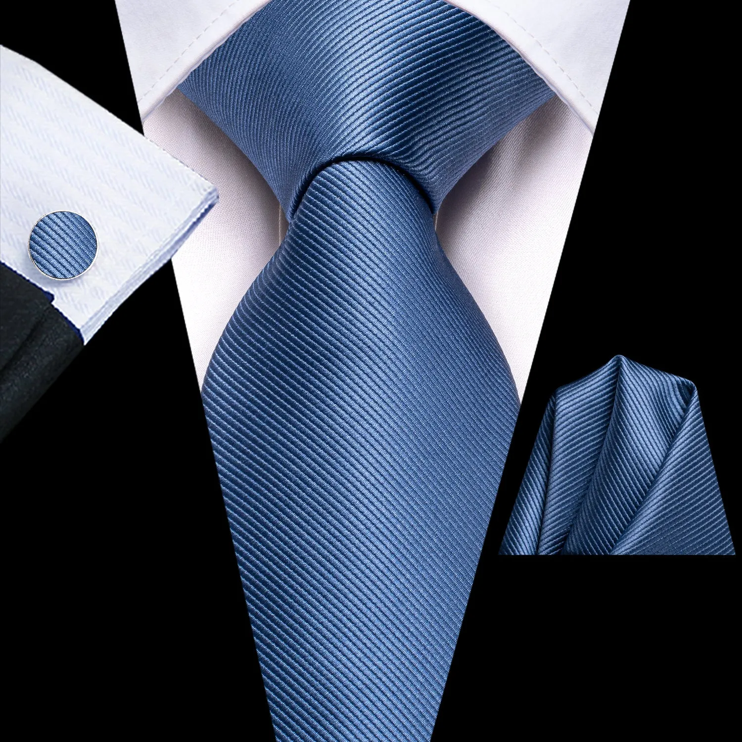 Hi-Tie Dusty Blue Necktie Solid Men's Tie Pocket Square Cufflinks Set