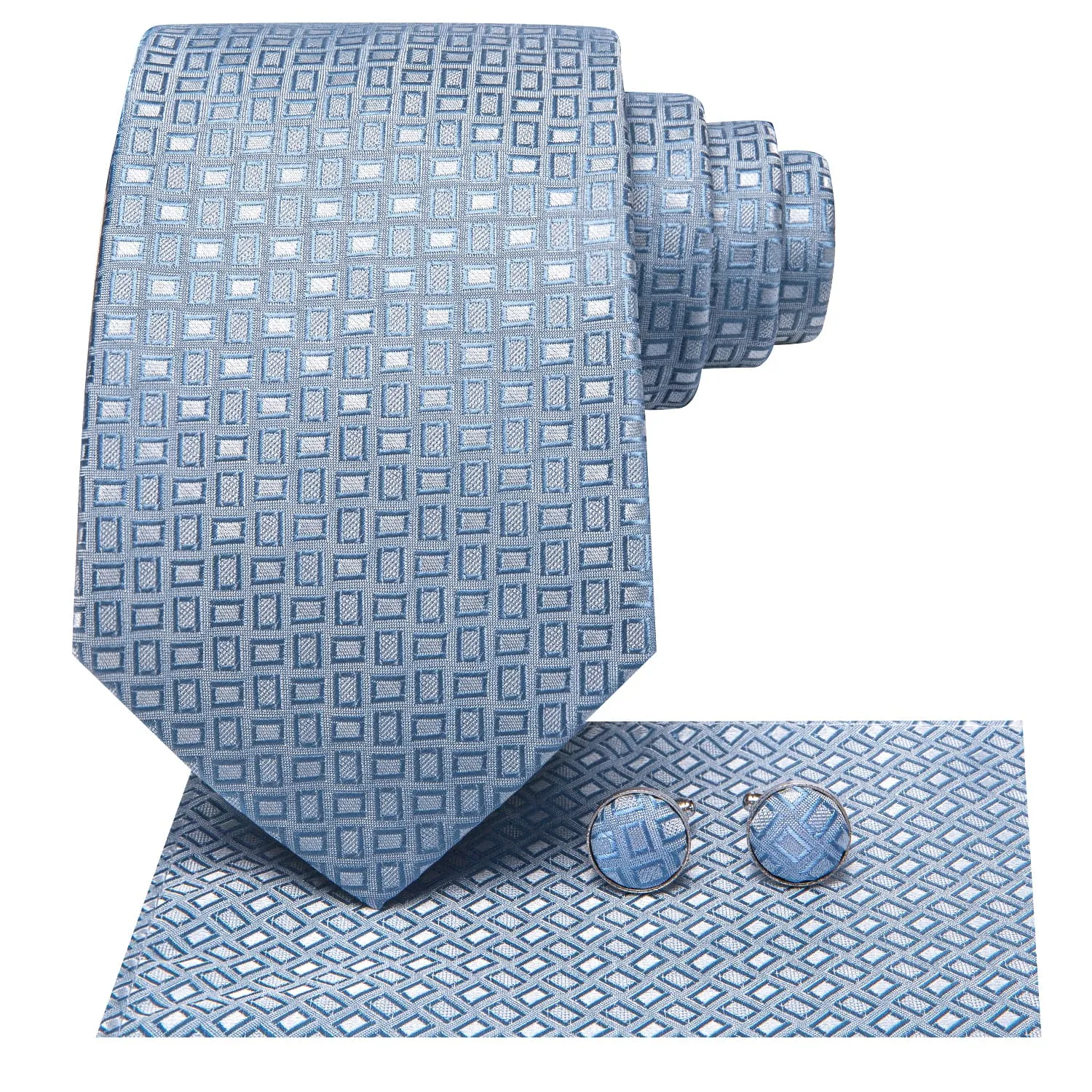 Hi-Tie Geometric Tie Light BLue Silk Necktie Set for Men