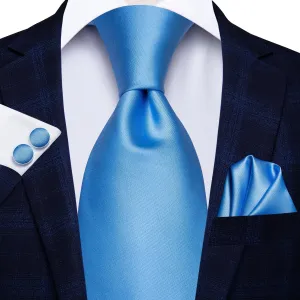 Hi-Tie Light Baby Blue Plain Silk Necktie Pocket Square Cufflinks Set