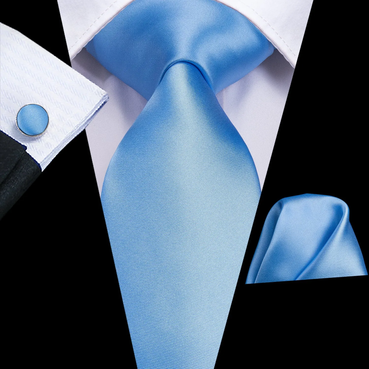 Hi-Tie Light Baby Blue Plain Silk Necktie Pocket Square Cufflinks Set