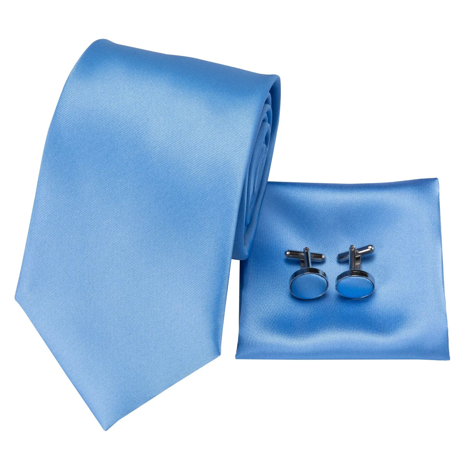 Hi-Tie Light Baby Blue Plain Silk Necktie Pocket Square Cufflinks Set