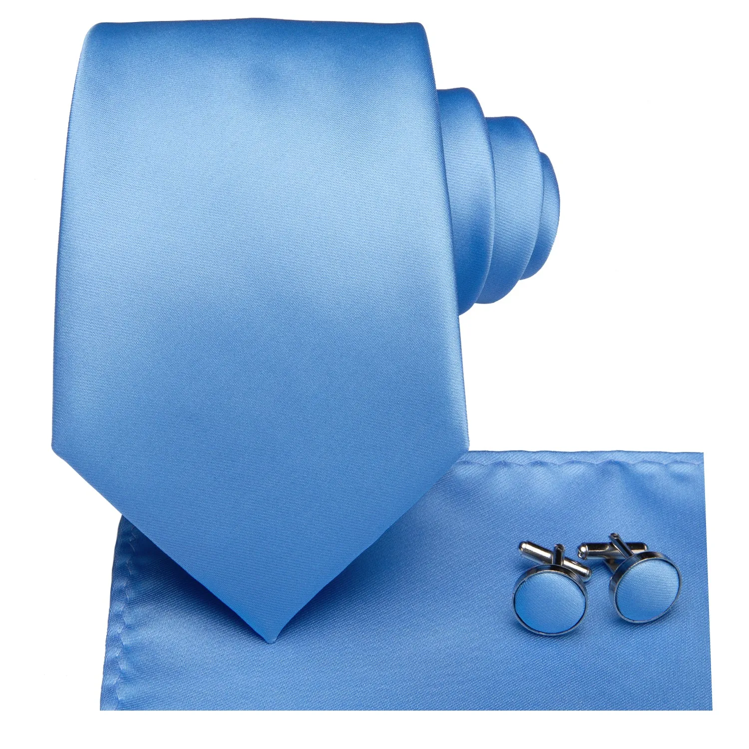 Hi-Tie Light Baby Blue Plain Silk Necktie Pocket Square Cufflinks Set