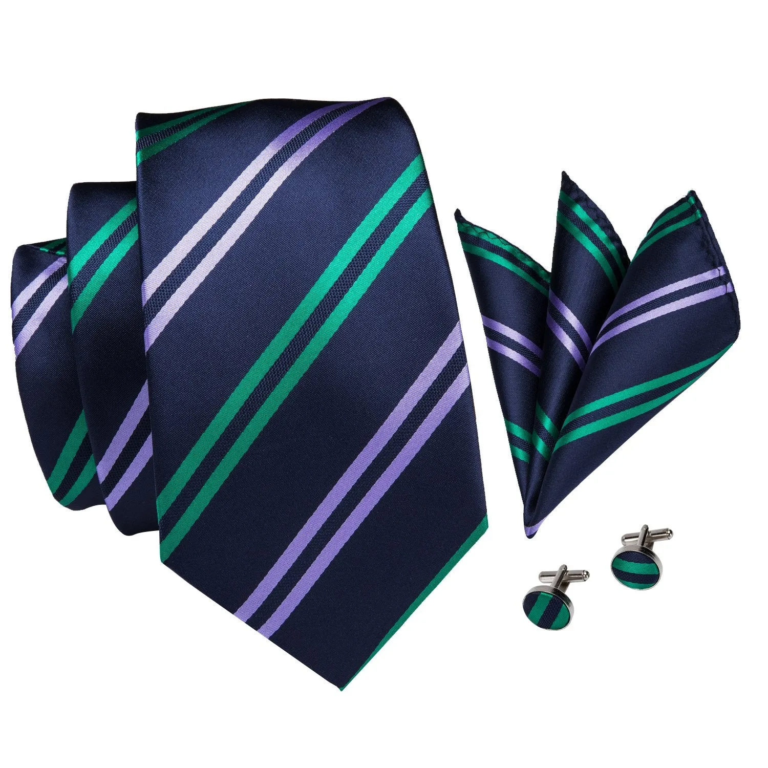 Hi-Tie Navy Blue Green Striped Men Necktie Pocket Square Cufflinks Set