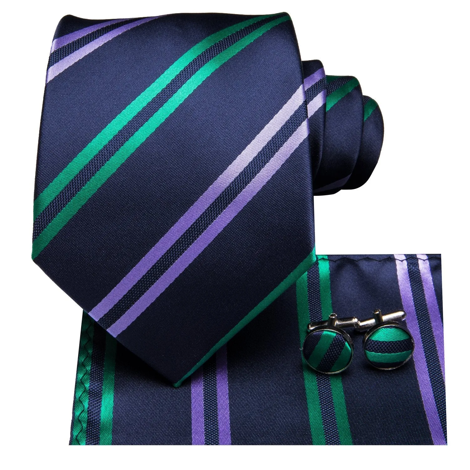 Hi-Tie Navy Blue Green Striped Men Necktie Pocket Square Cufflinks Set