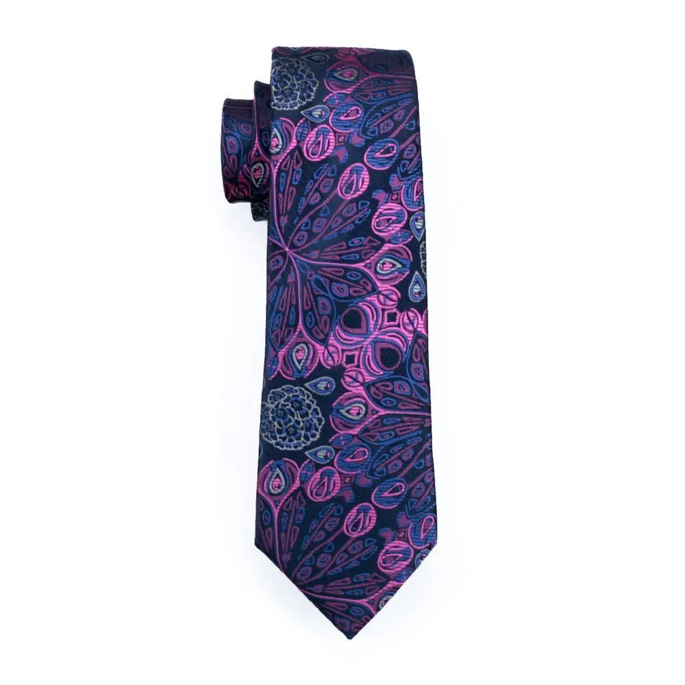 Hi-Tie Navy Blue Pink Paisley Silk Men Tie Pocket Square Cufflinks Set