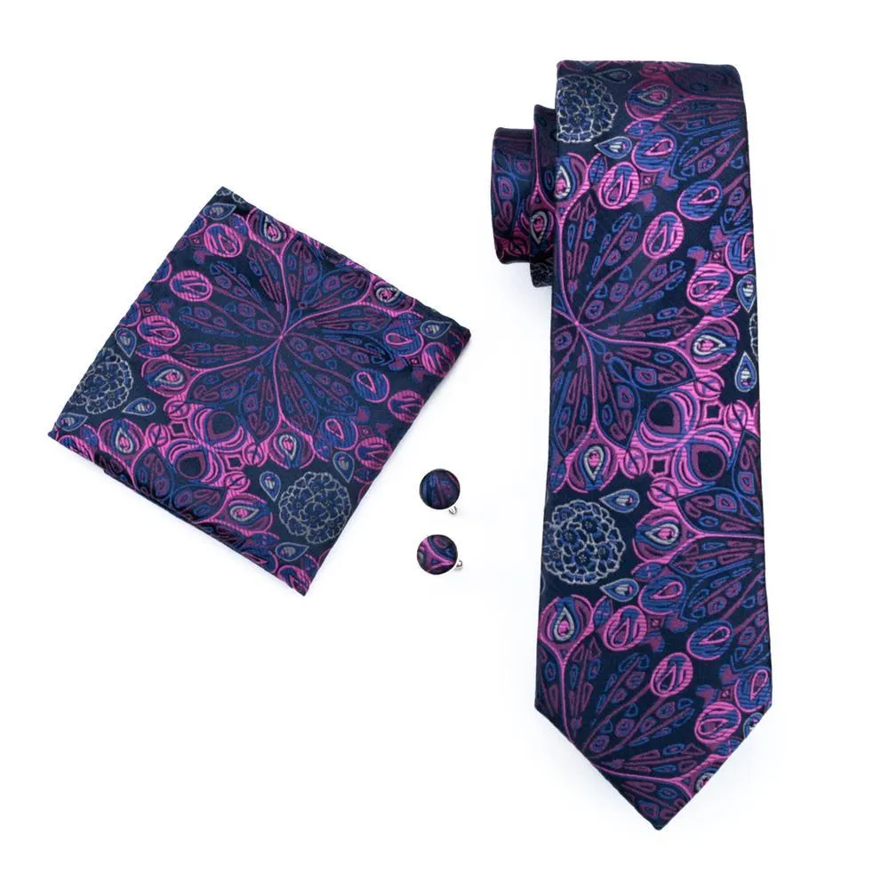 Hi-Tie Navy Blue Pink Paisley Silk Men Tie Pocket Square Cufflinks Set