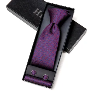 Hi-Tie Red Blue Striped Silk Men's Tie Hanky Cufflinks Gift Box Set