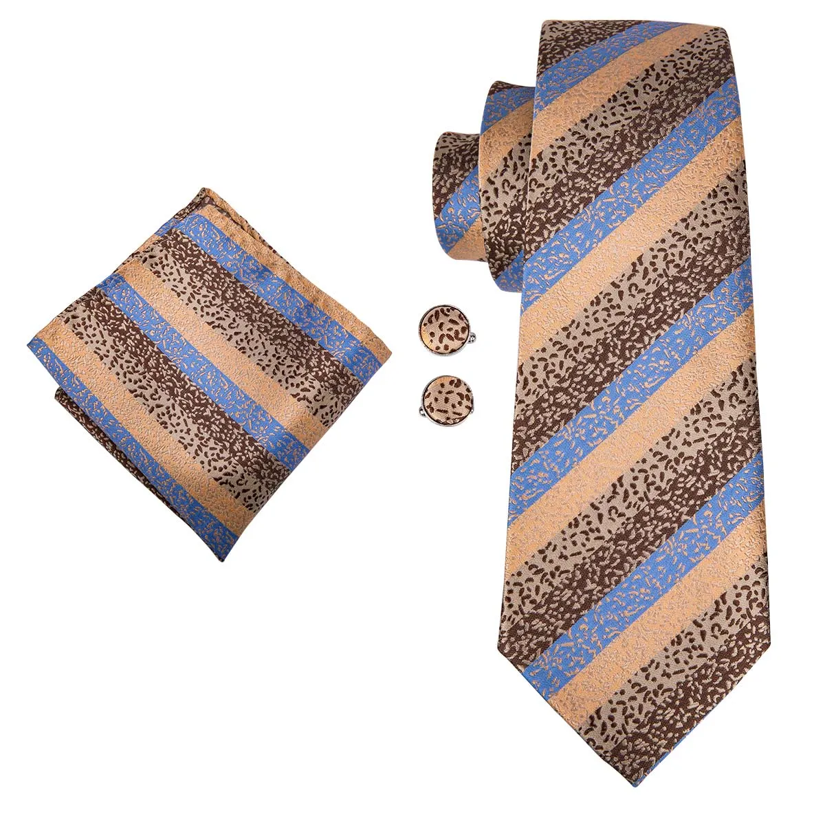 Hi-Tie Sand Yellows Tie Blue Stripes Tie Pocket Square Cufflinks Set