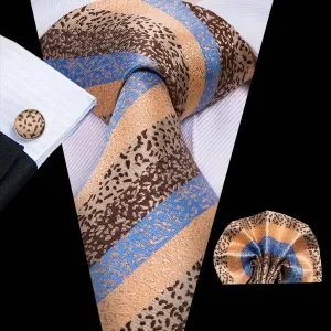 Hi-Tie Sand Yellows Tie Blue Stripes Tie Pocket Square Cufflinks Set