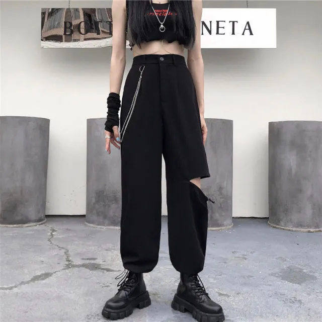 High Waisted Cargo Pants With Chain