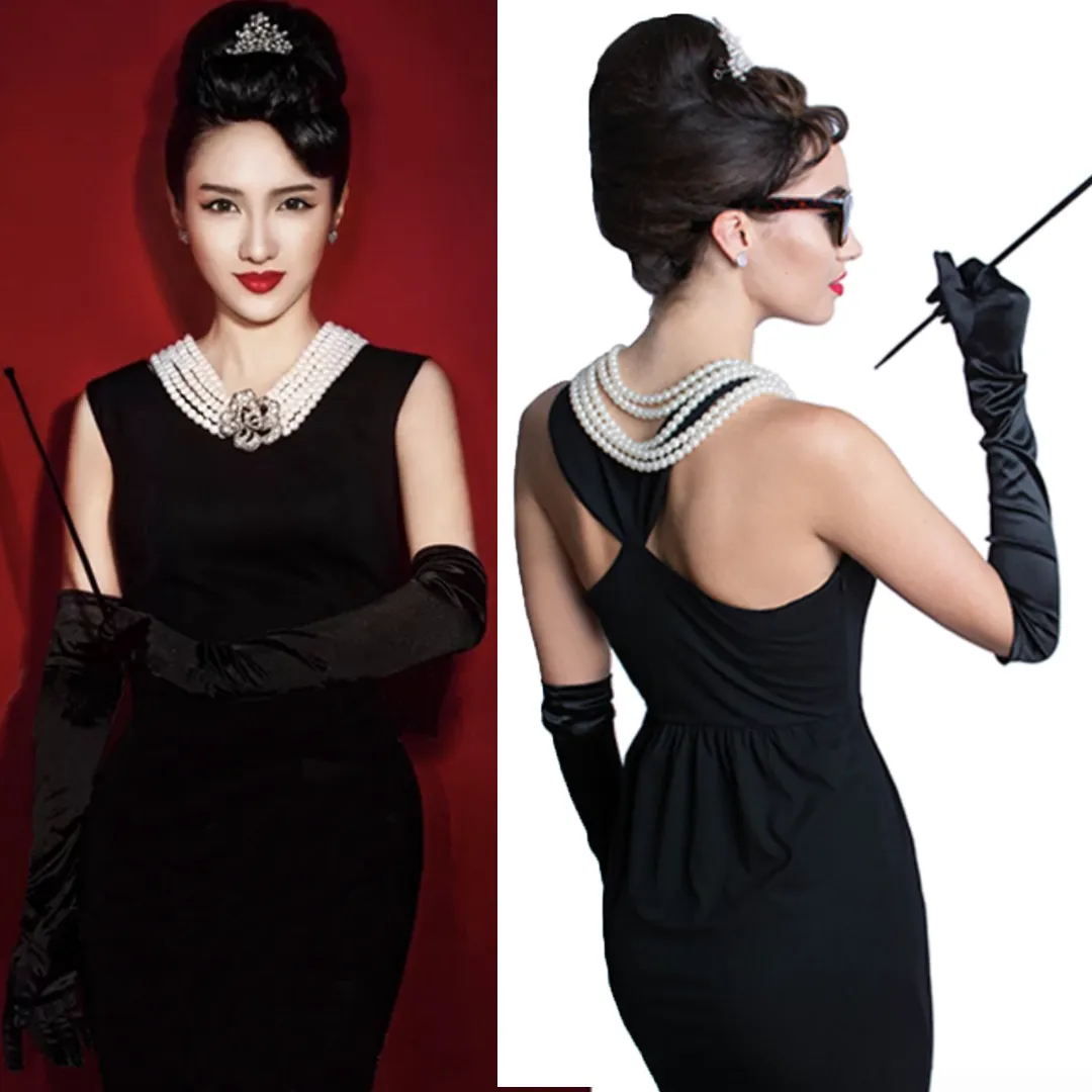 Holly Golightly Costume Women Accessories Set for Halloween Fancy 5 Strand Pearl Necklace with Flower Pendant Functional Long Extendable Cigarette Holder and Long Black Opera Satin Gloves