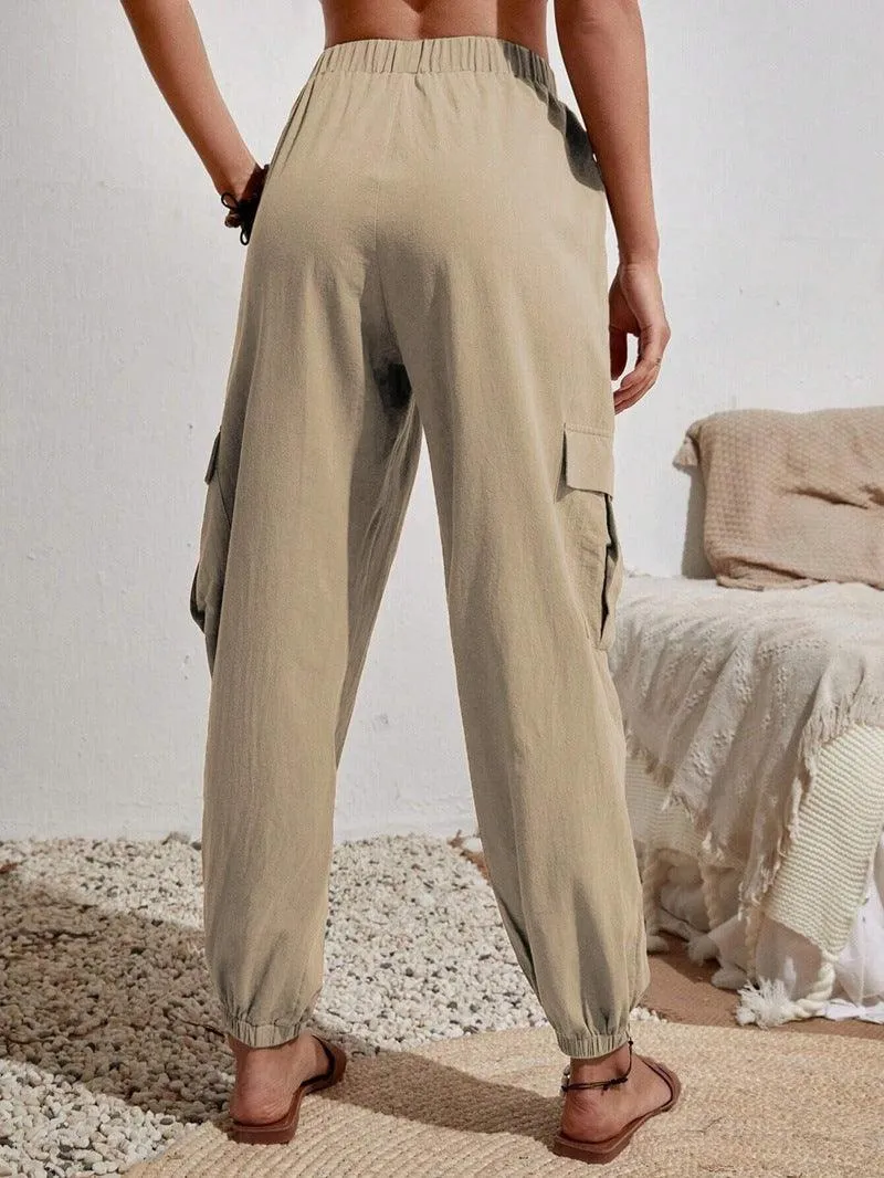 Ladies Elastic Waist Solid Color Cargo Pants AXR281