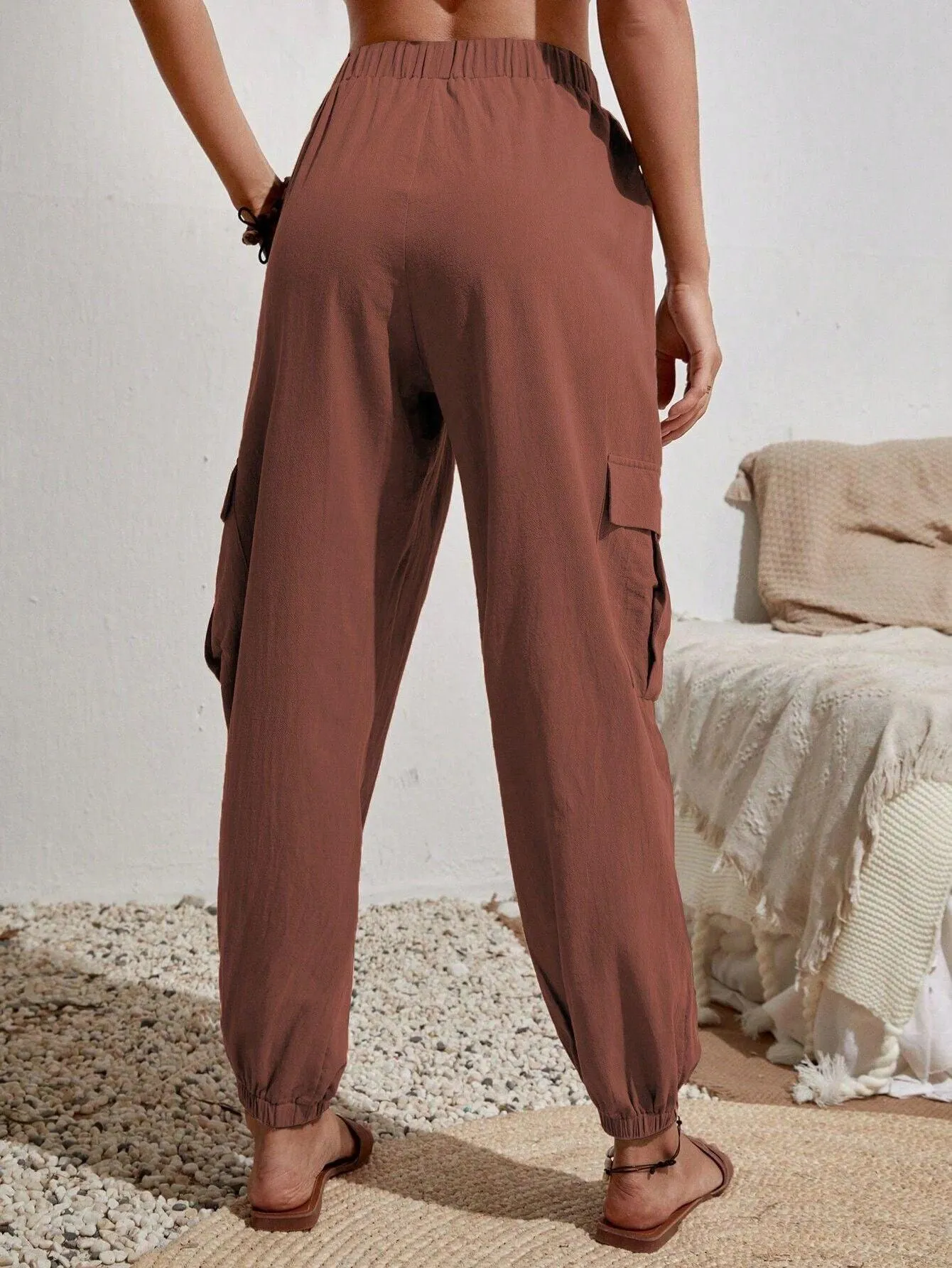 Ladies Elastic Waist Solid Color Cargo Pants AXR281