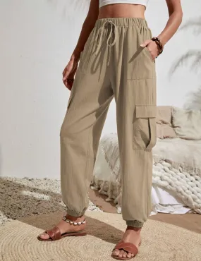 Ladies Elastic Waist Solid Color Cargo Pants AXR281