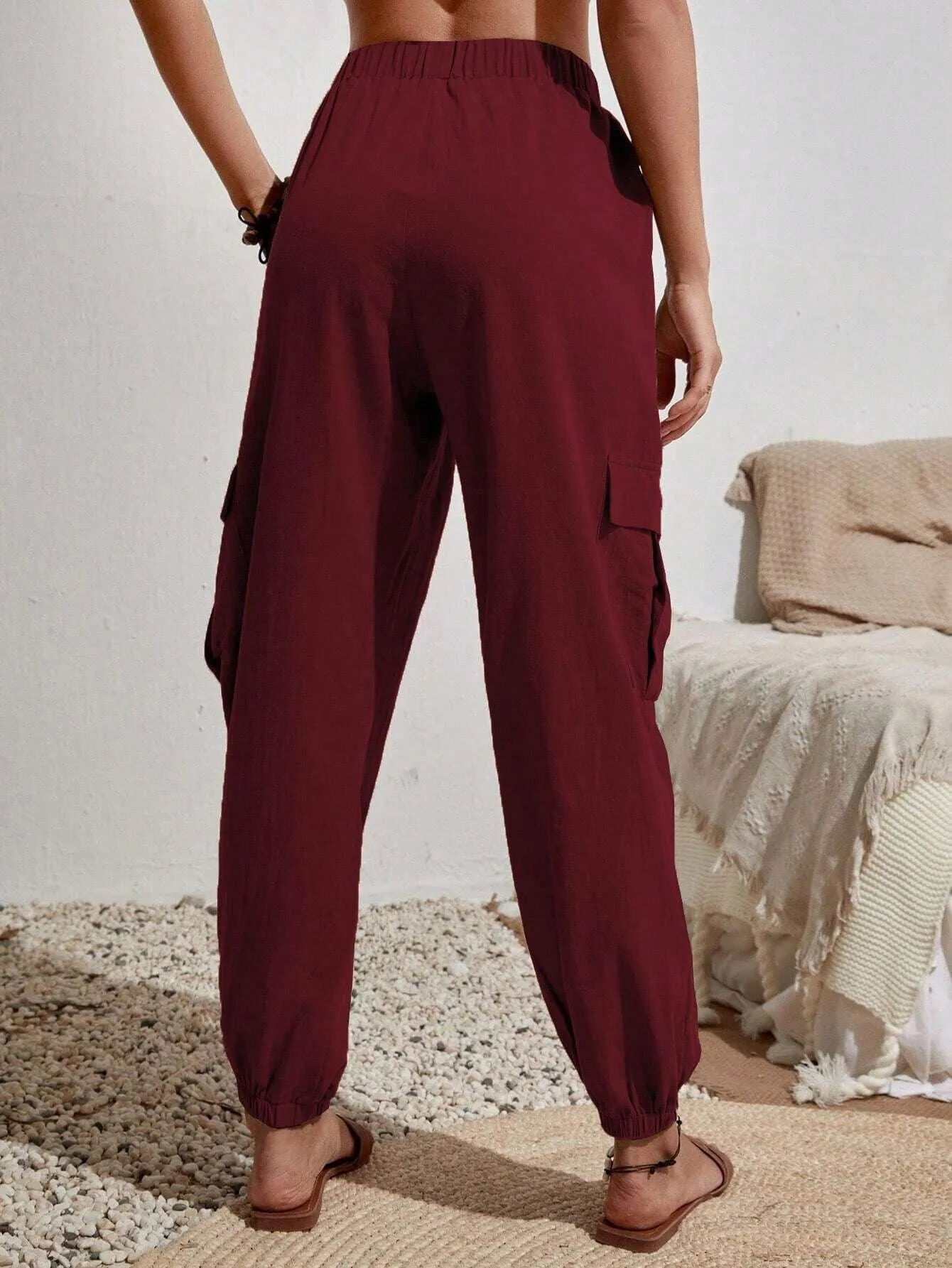 Ladies Elastic Waist Solid Color Cargo Pants AXR281