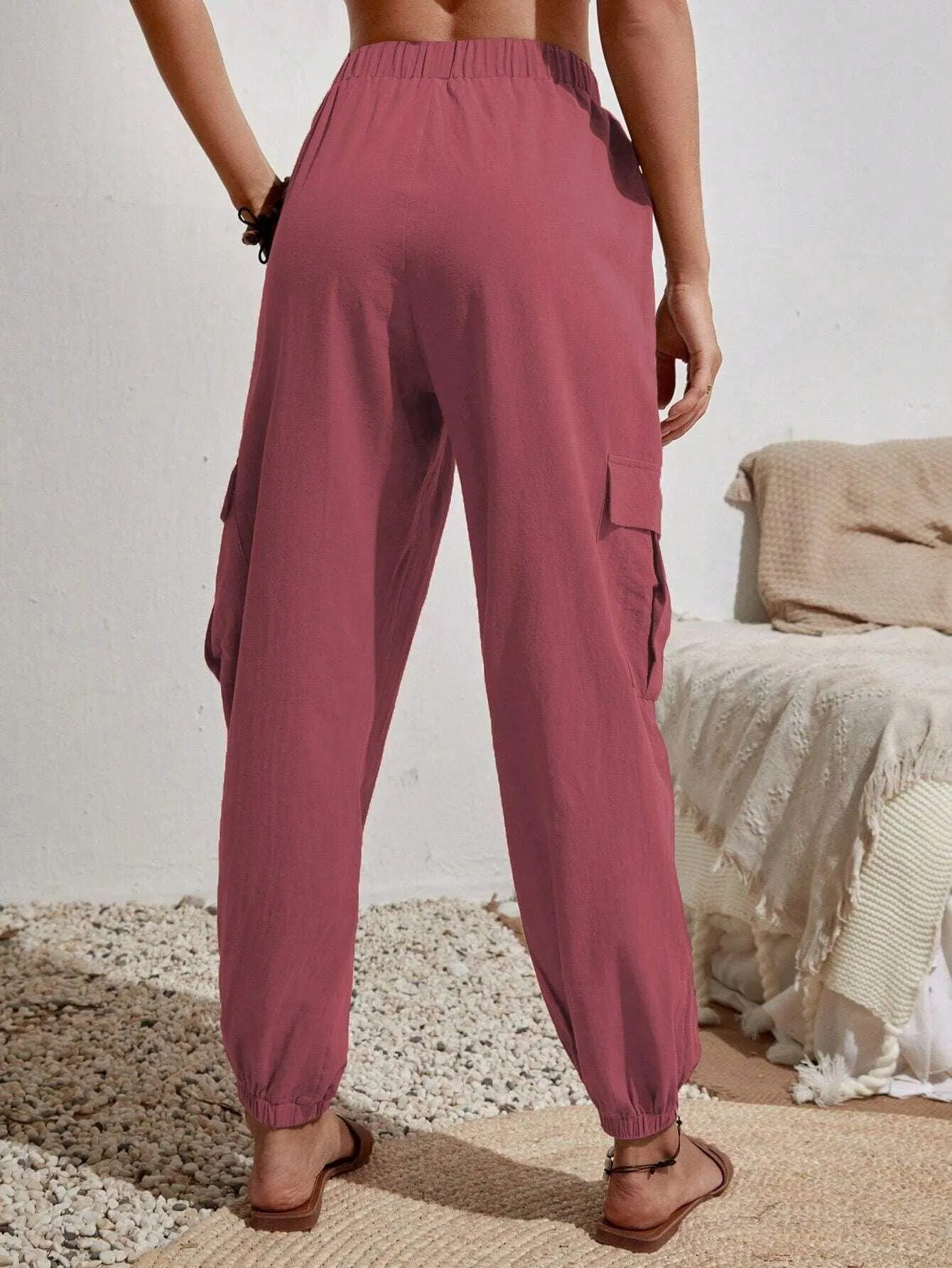 Ladies Elastic Waist Solid Color Cargo Pants AXR281