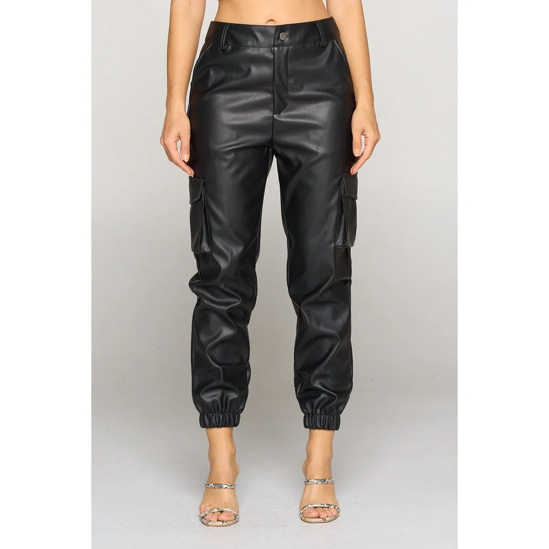 Leather Look Cargo Pants - Black