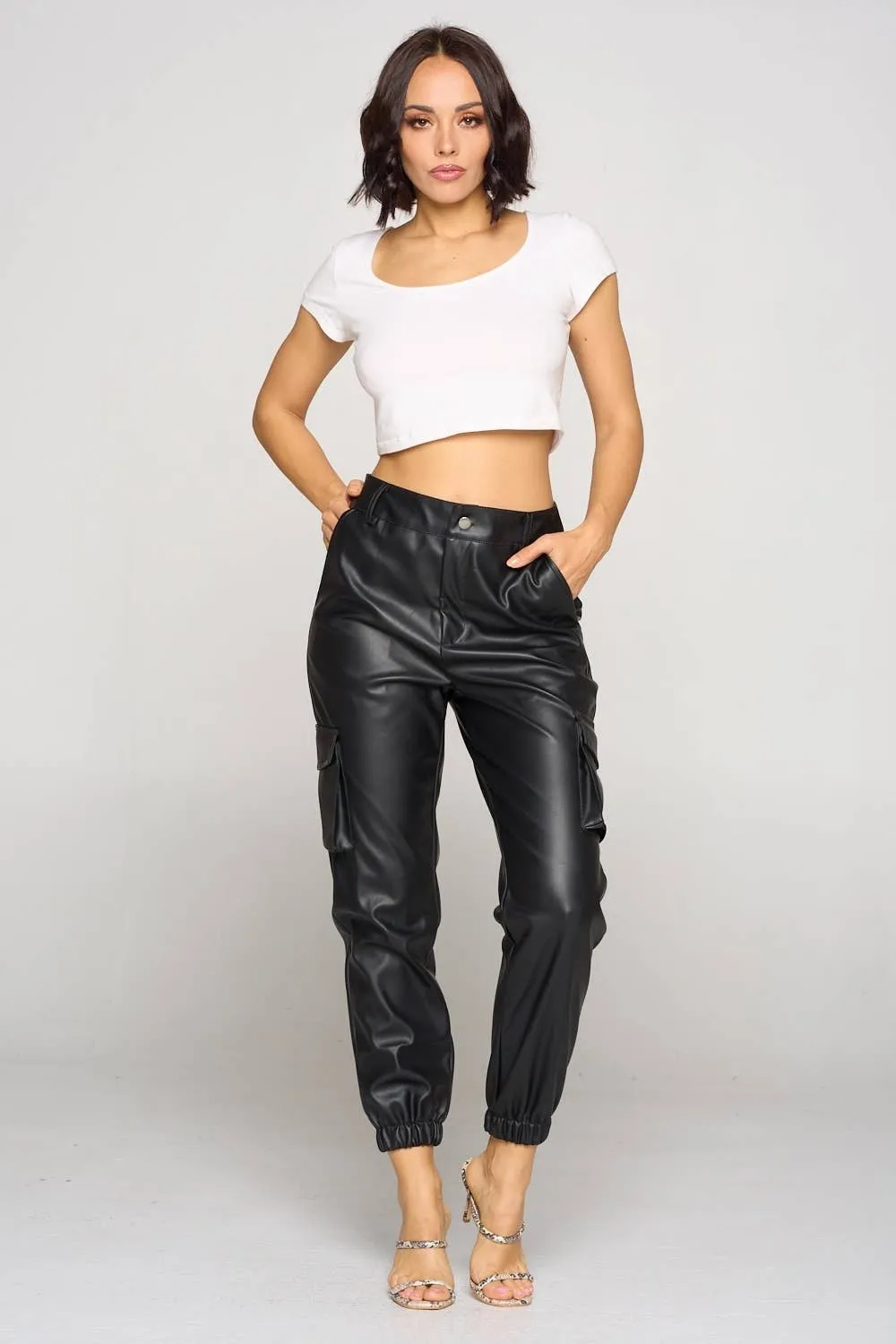 Leather Look Cargo Pants - Black